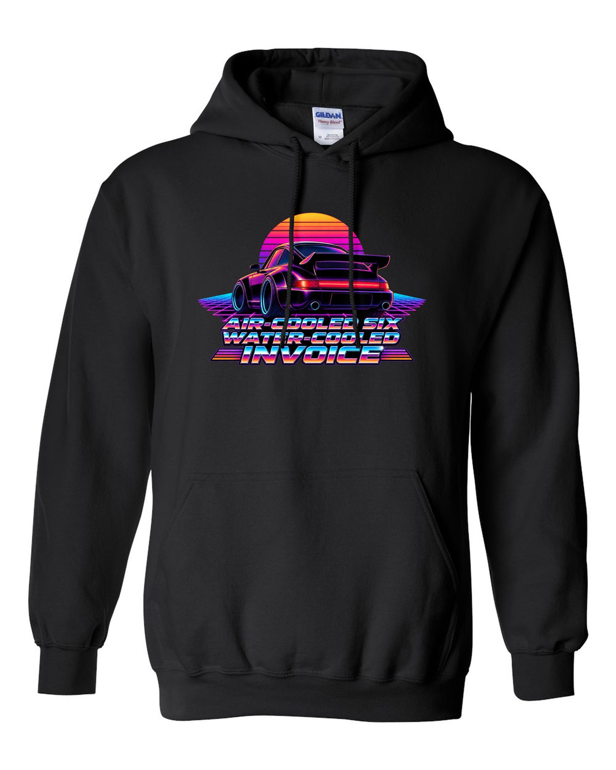 Synthwave gradient print of a Porsche 911 Turbo 964 with air-cooled six water-cooled invoice lettering black pull over hoodie front view with the design