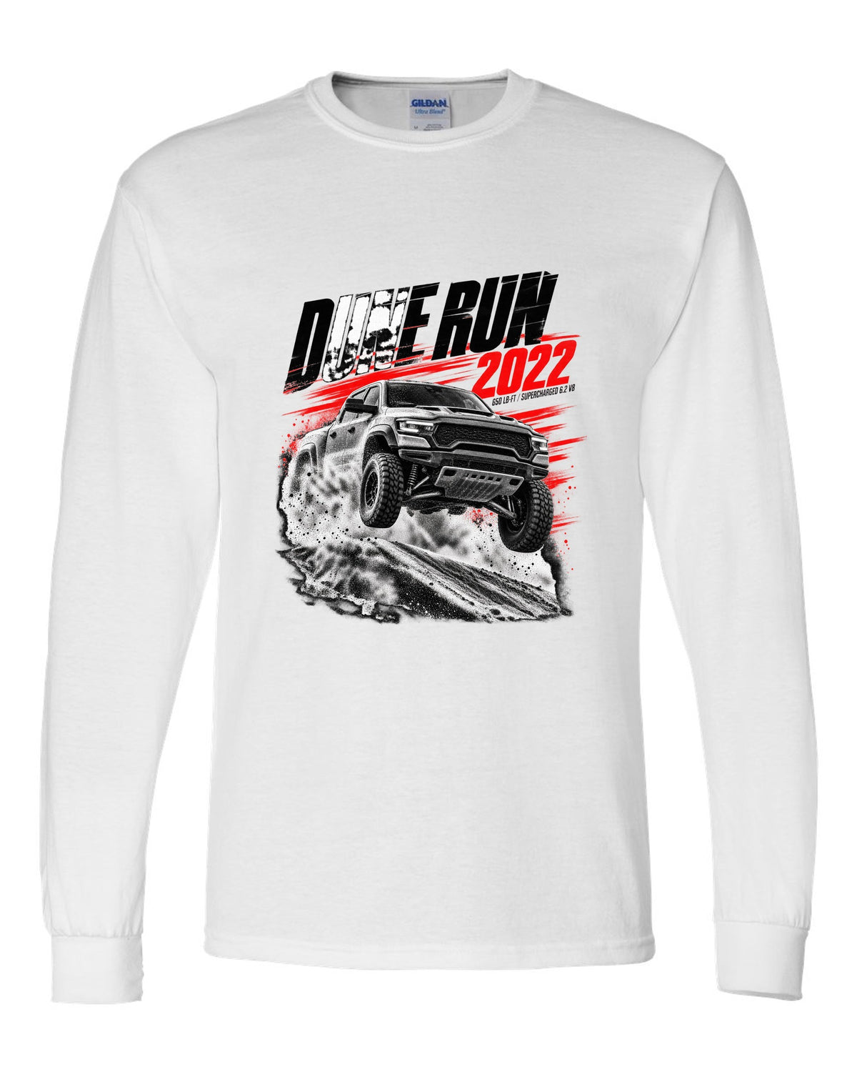 Race poster of a 2022 Ram 1500 TRX jumping a dune with the text Dune Run 2022, 650 lb-ft white long sleeve front view with the design