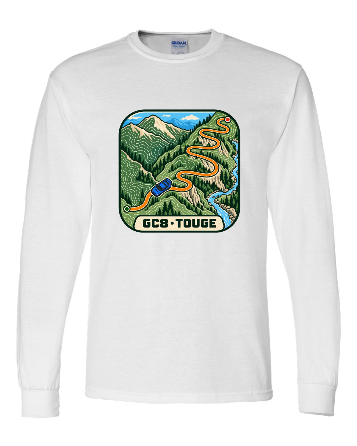 Subaru Impreza WRX GC8 touge route drawn as a topographic contour map, GC8 / TOUGE white long sleeve front view with the design