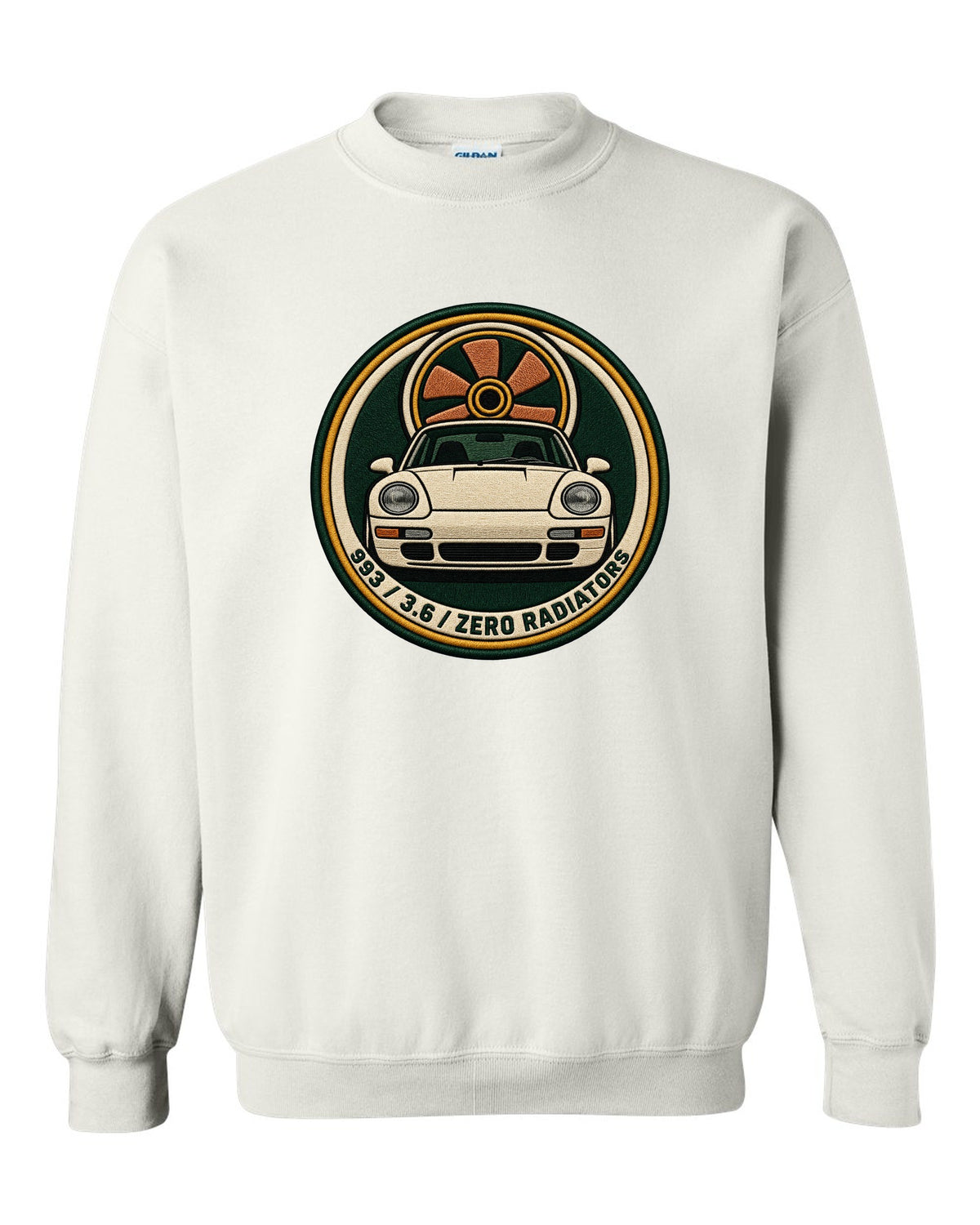 Round crest print of a Porsche 911 993 with the text 993, 3.6 and zero radiators white crewneck front view with the design