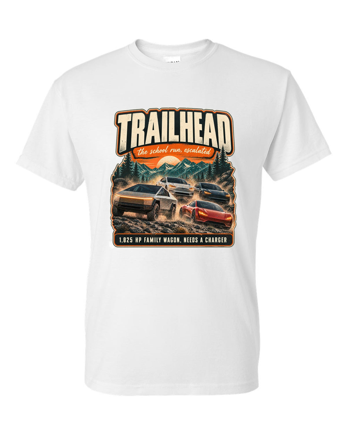 Street poster print of a Rivian R1S with trailhead and horsepower text white t-shirt front view with the design