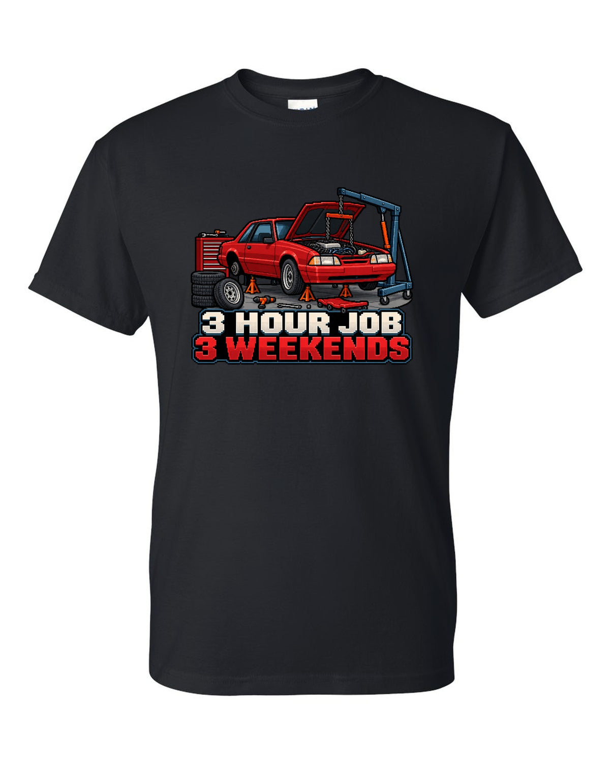 16-bit pixel art print of a 1989 Ford Mustang Fox Body notchback in a workshop black t-shirt front view with the design