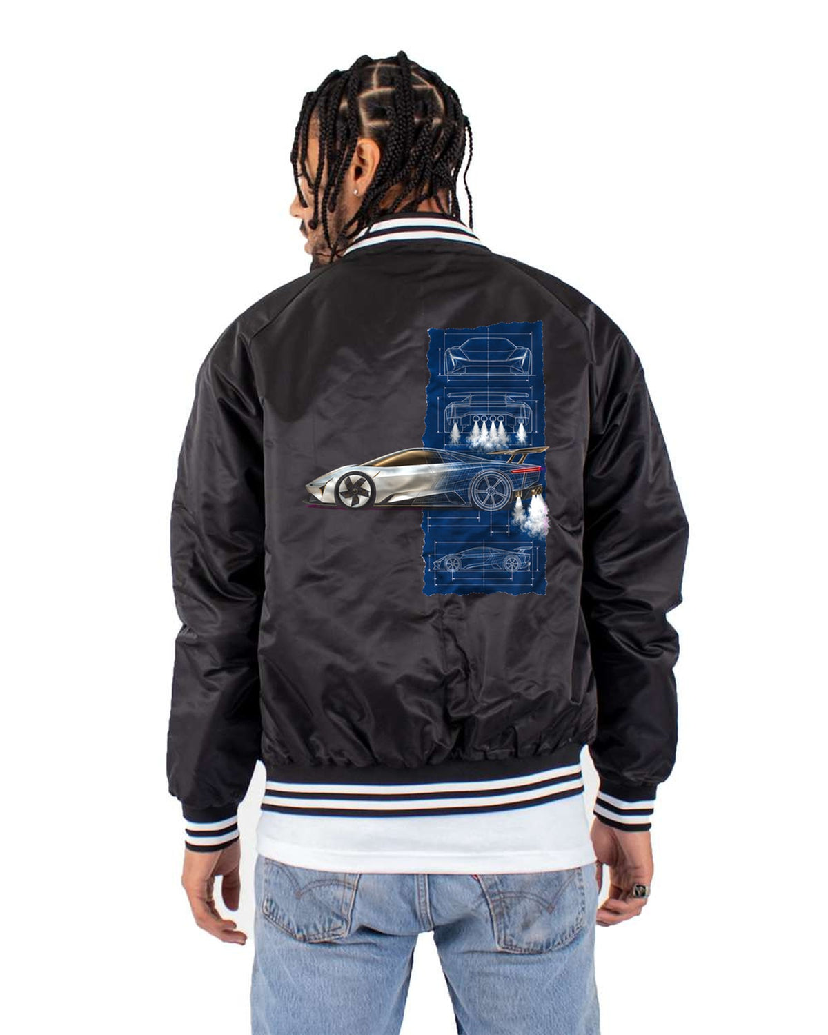 Tesla Roadster Blueprint Shirt, Hoodie & More Bomber Jacket Black back