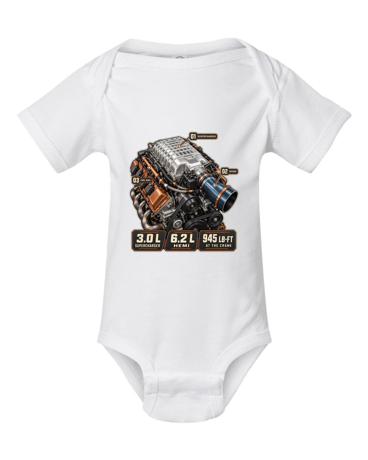 Dodge Challenger SRT Demon 170 supercharged Hemi engine hero print white baby onesie front view with the design