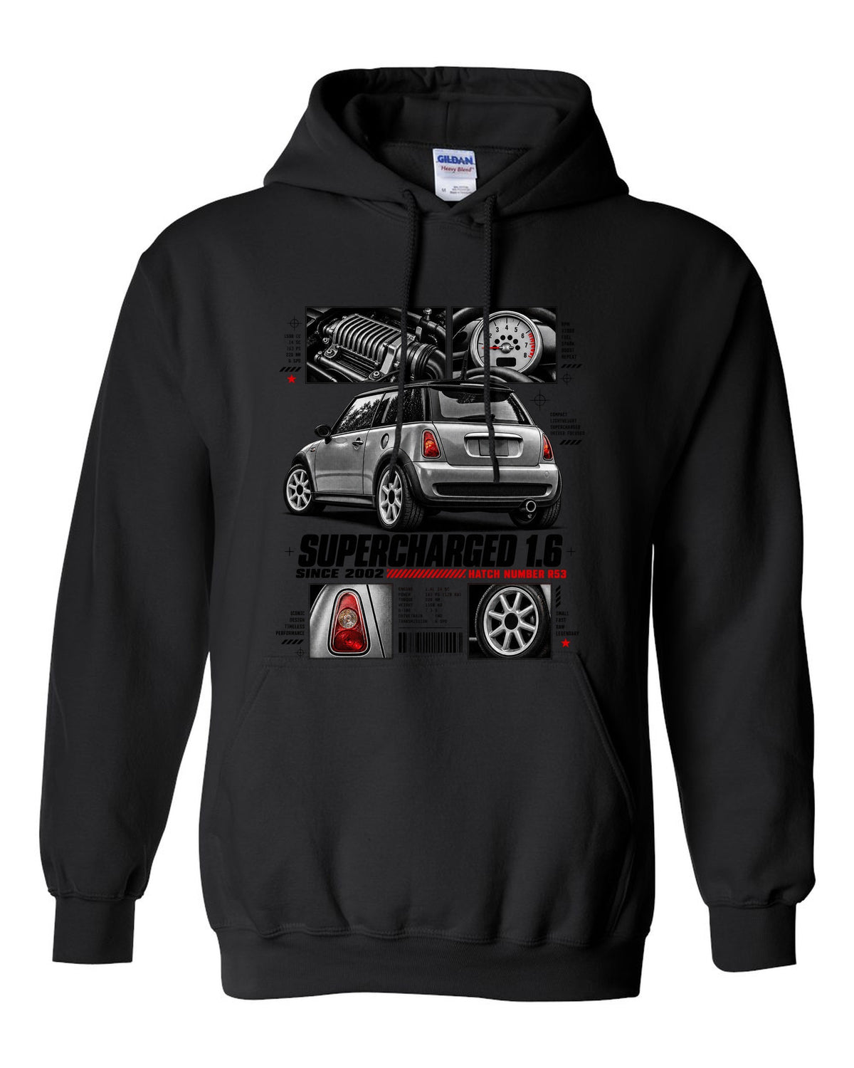 print of a Mini Cooper S R53 rear three-quarter view with detail panels and supercharged 1.6 text black pull over hoodie front view with the design