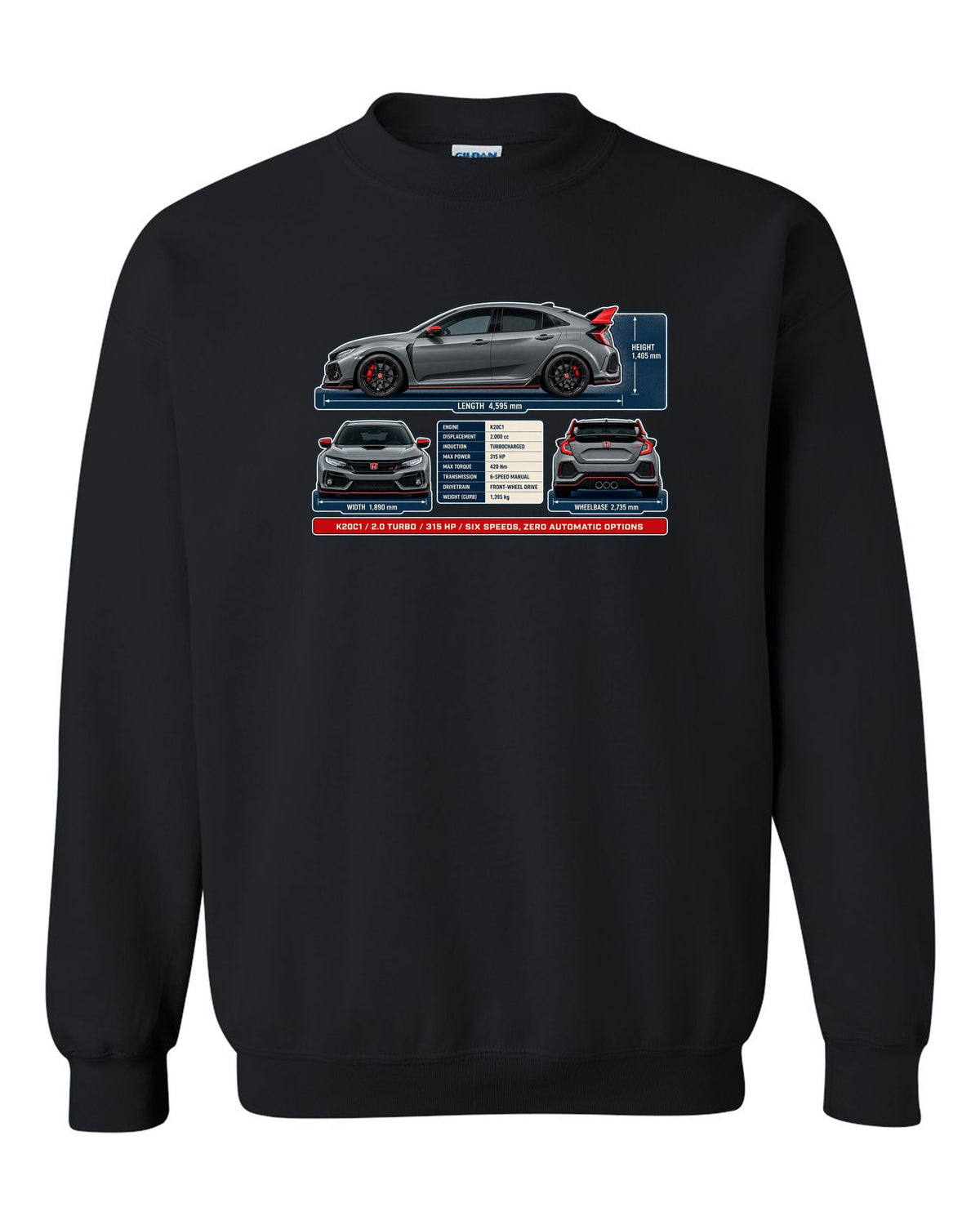 print dimension blueprint of a Honda Civic Type R FL5 in warm grey black crewneck front view with the design