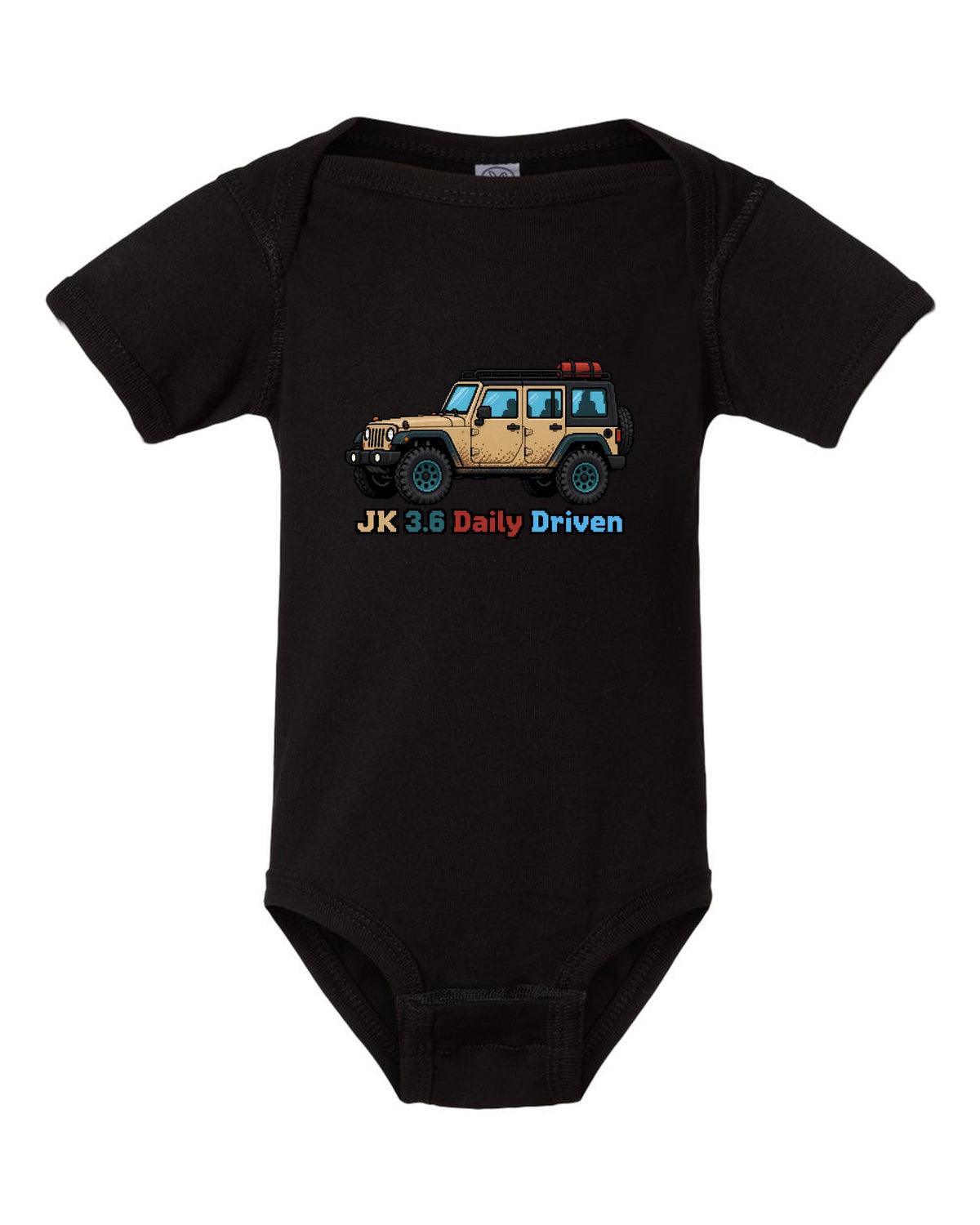 Jeep Wrangler JK 16-bit pixel art design with JK 3.6 daily driven text black baby onesie front view with the design