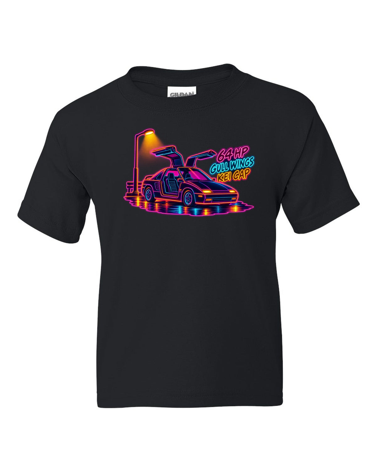 Neon synthwave line art print of an Autozam AZ-1 PG6SA with 64 HP gull wings kei cap lettering black kids tee front view with the design