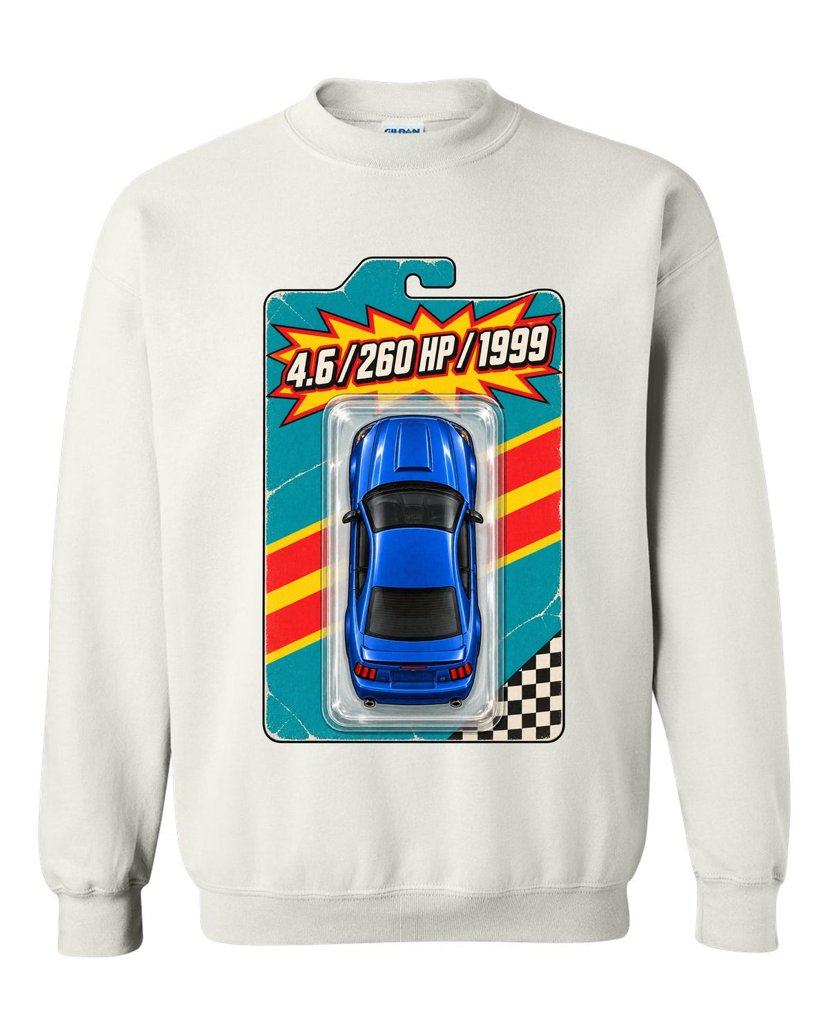 Toy blister card layout of a 1999-2004 New Edge Ford Mustang coupe with 4.6 260 HP text white crewneck front view with the design
