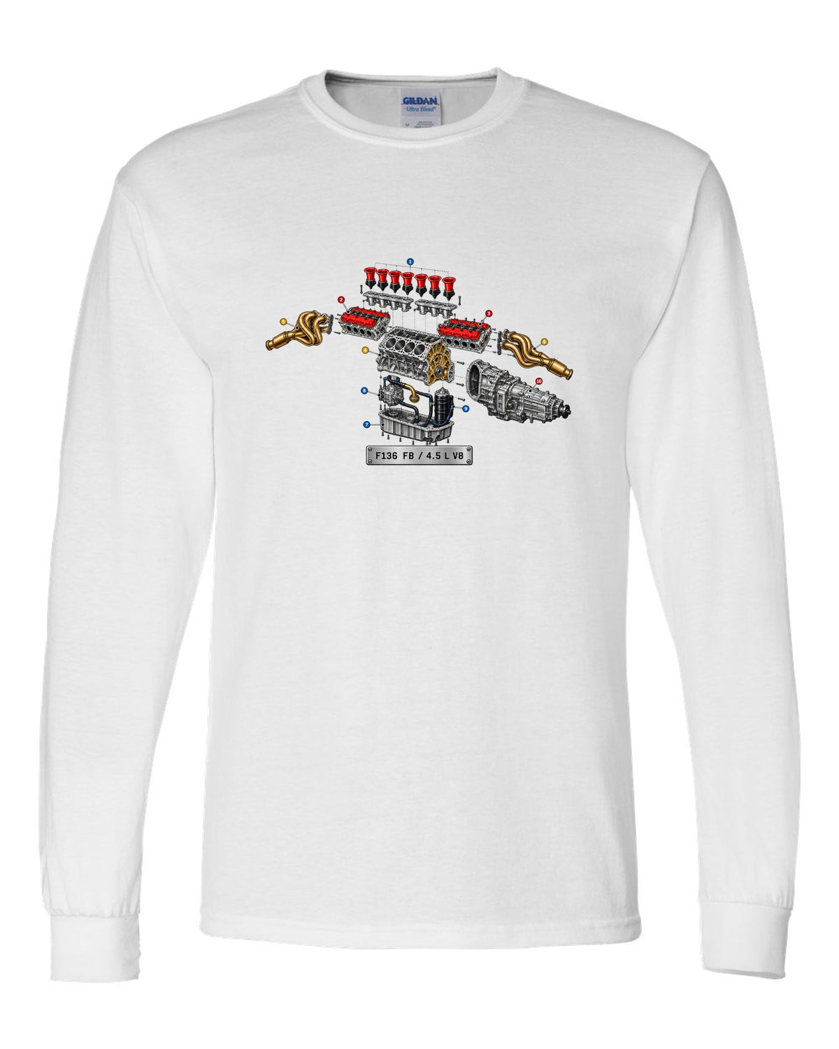Exploded view of the Ferrari 458 Italia F136 FB V8 with numbered callouts white long sleeve front view with the design