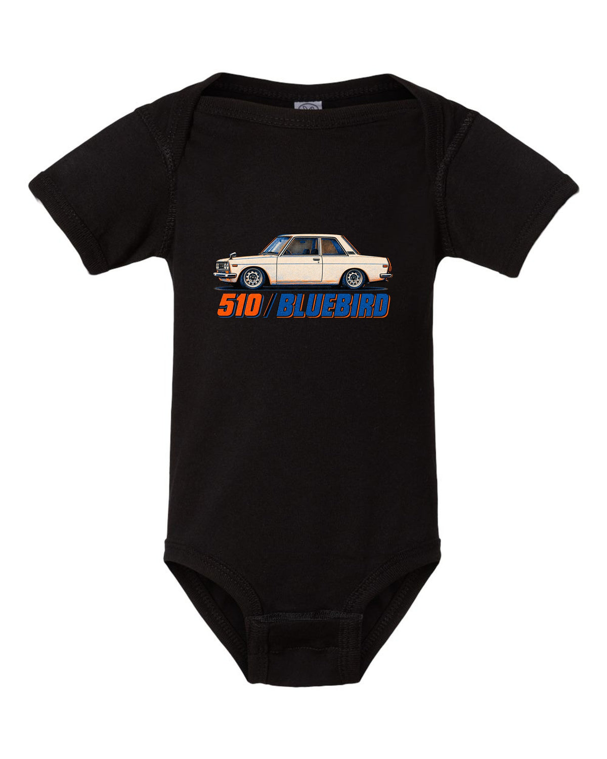 Risograph box print of the Datsun 510 Bluebird with 510 Bluebird lettering black baby onesie front view with the design
