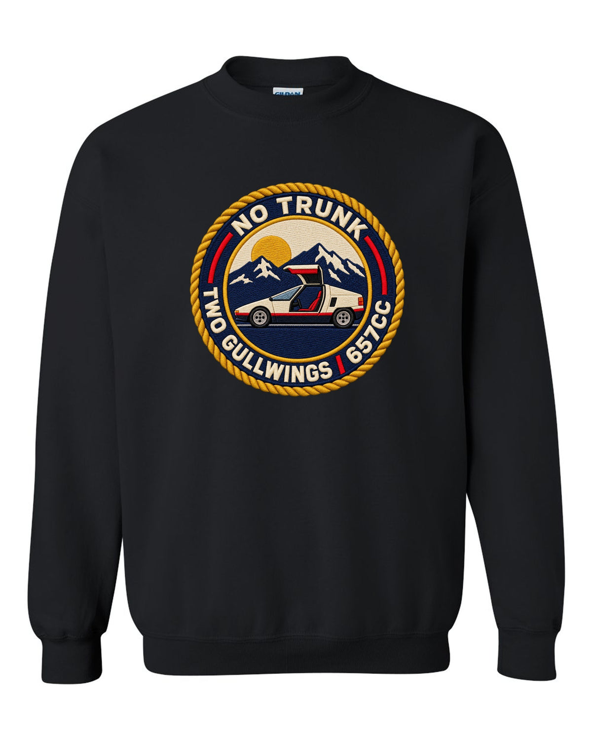 Embroidery-style varsity crest print for the Autozam AZ-1 PG6SA with no trunk two gullwings 657cc lettering black crewneck front view with the design