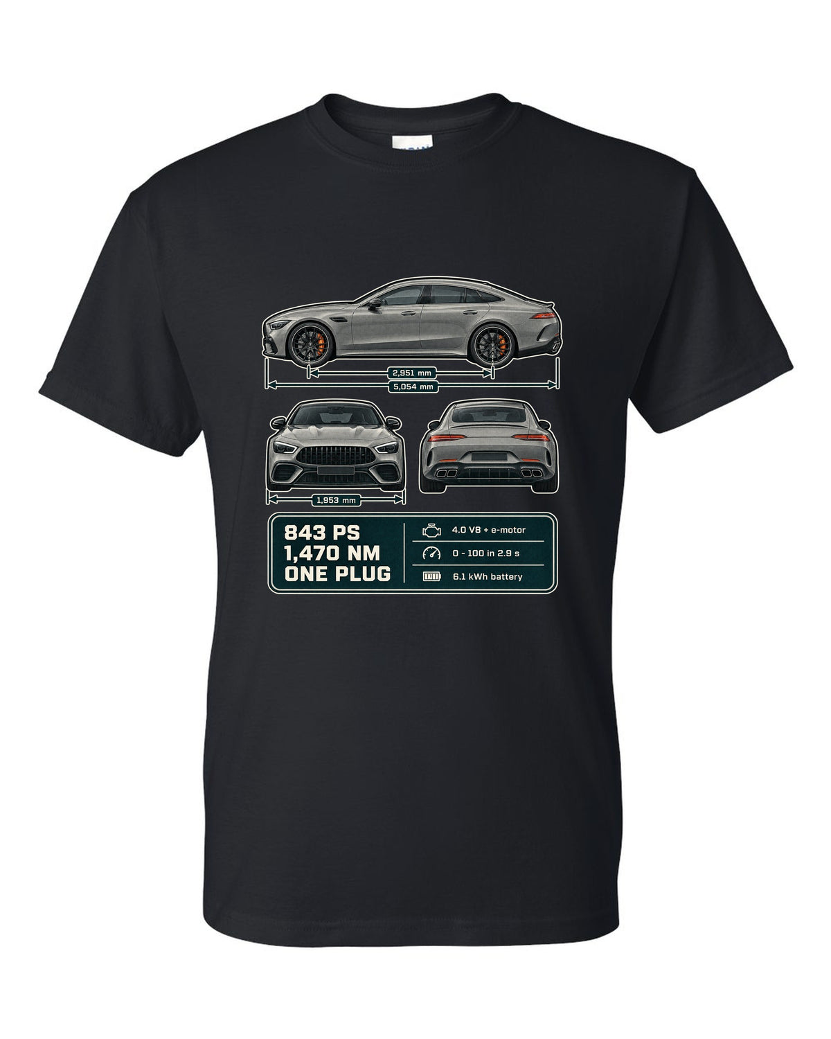 Mercedes-AMG GT 63 S E Performance 4-Door three-view warm grey print black t-shirt front view with the design