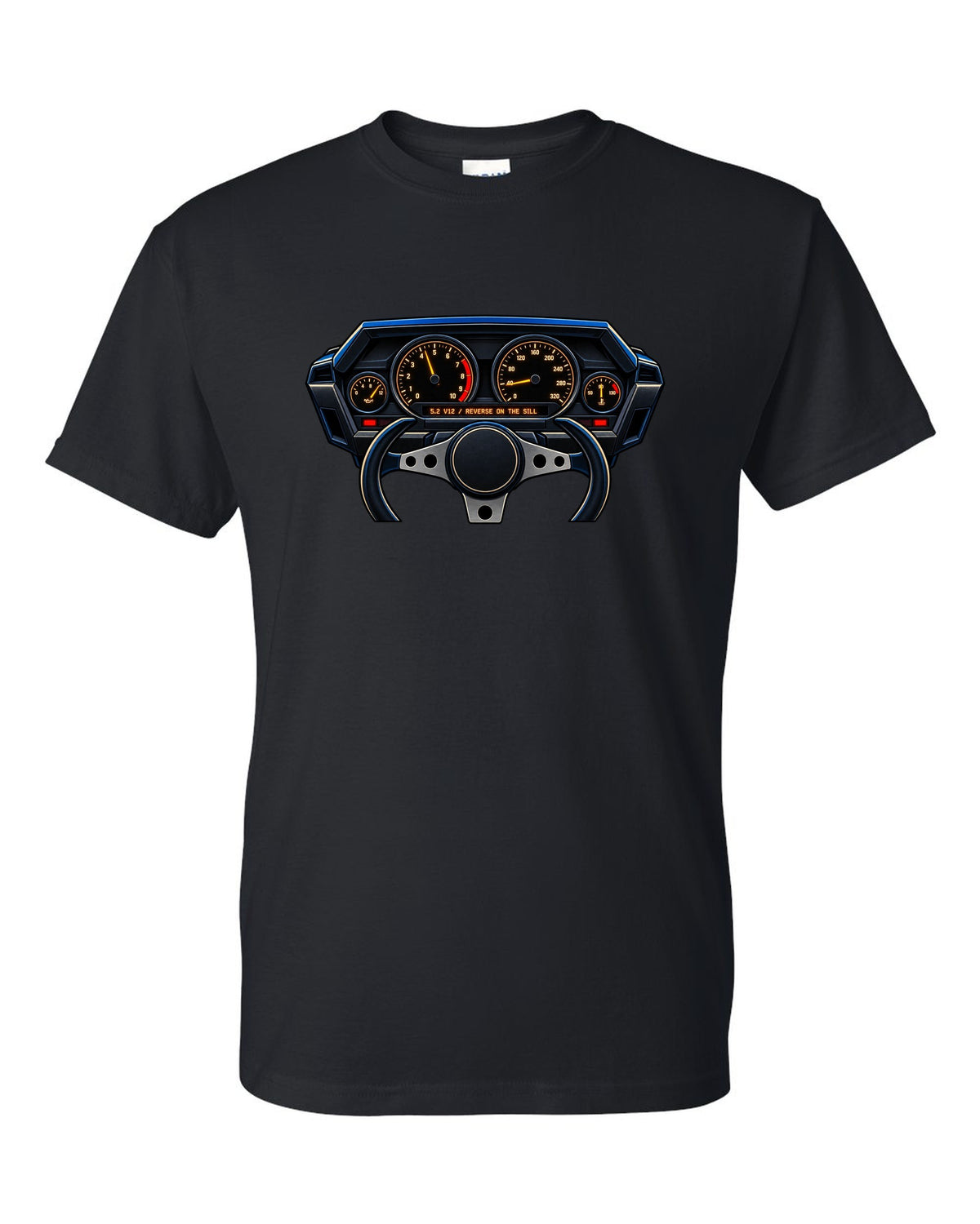 Gauge cluster graphic for a Lamborghini Countach LP5000 QV with 5.2 V12 lettering black t-shirt front view with the design