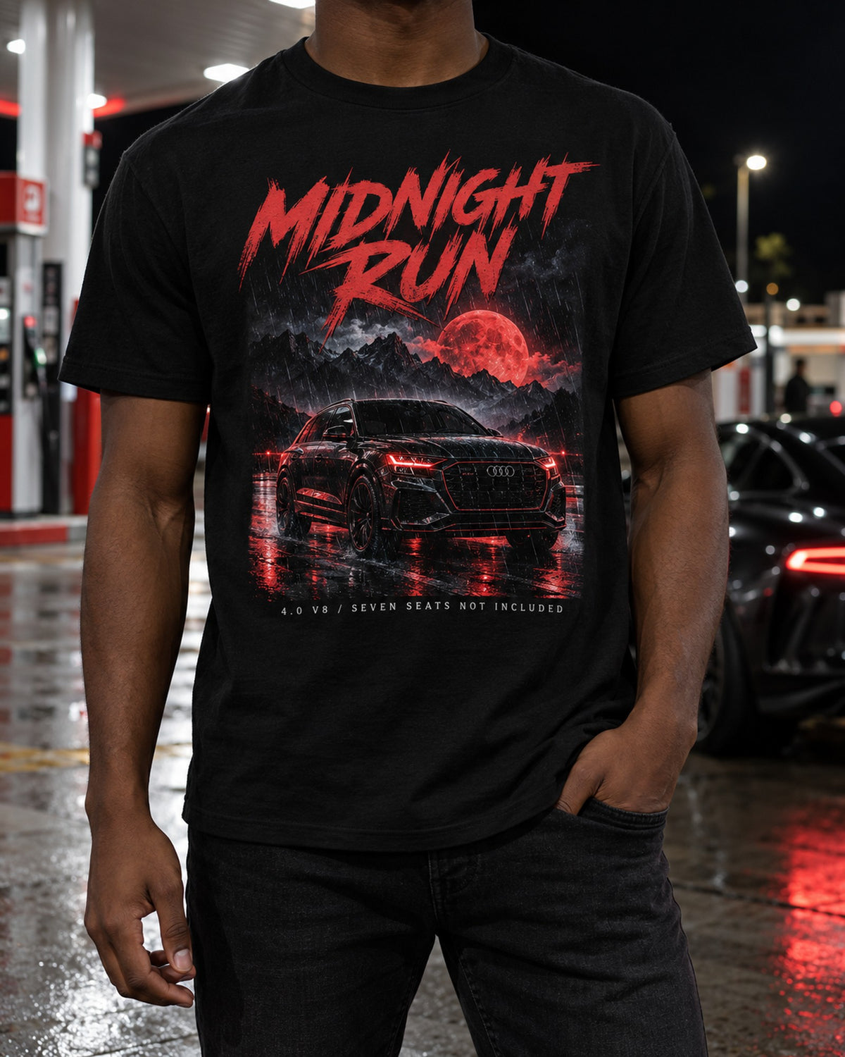 Audi RS Q8 Midnight Run Shirt, 4.0 V8 Night Street Print T-Shirt Black worn hero