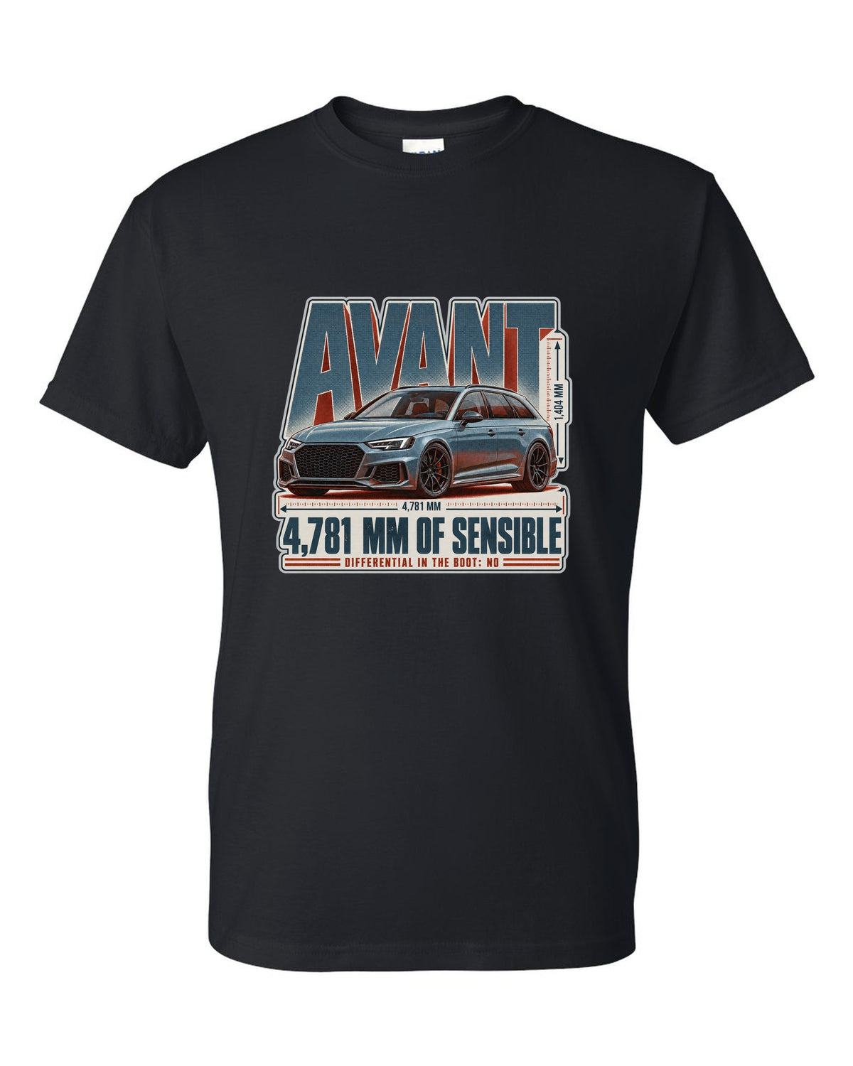 Audi RS4 Avant B9 halftone statement print with wagon text black t-shirt front view with the design
