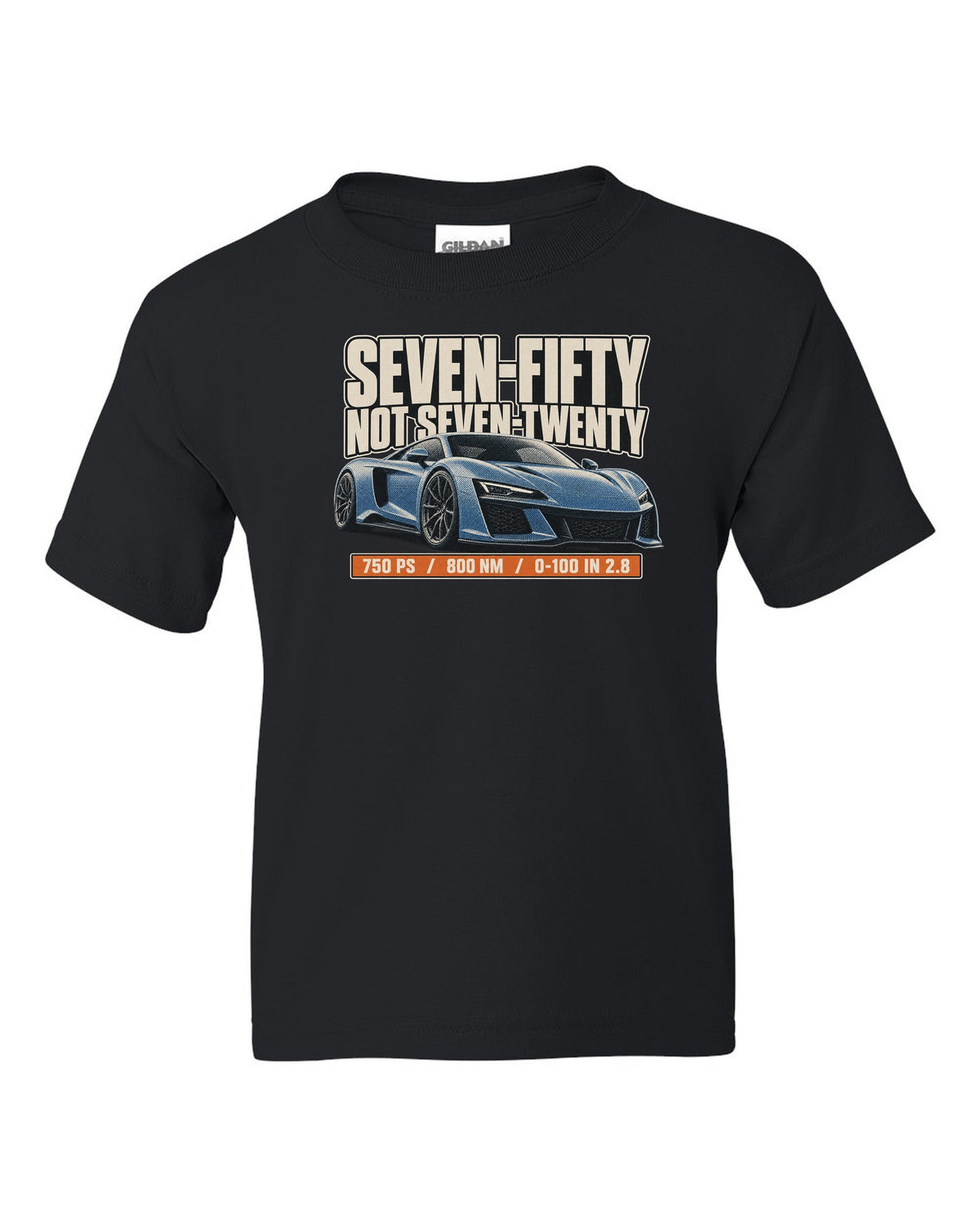 Halftone print of a McLaren 750S with the text seven-fifty not seven-twenty black kids tee front view with the design