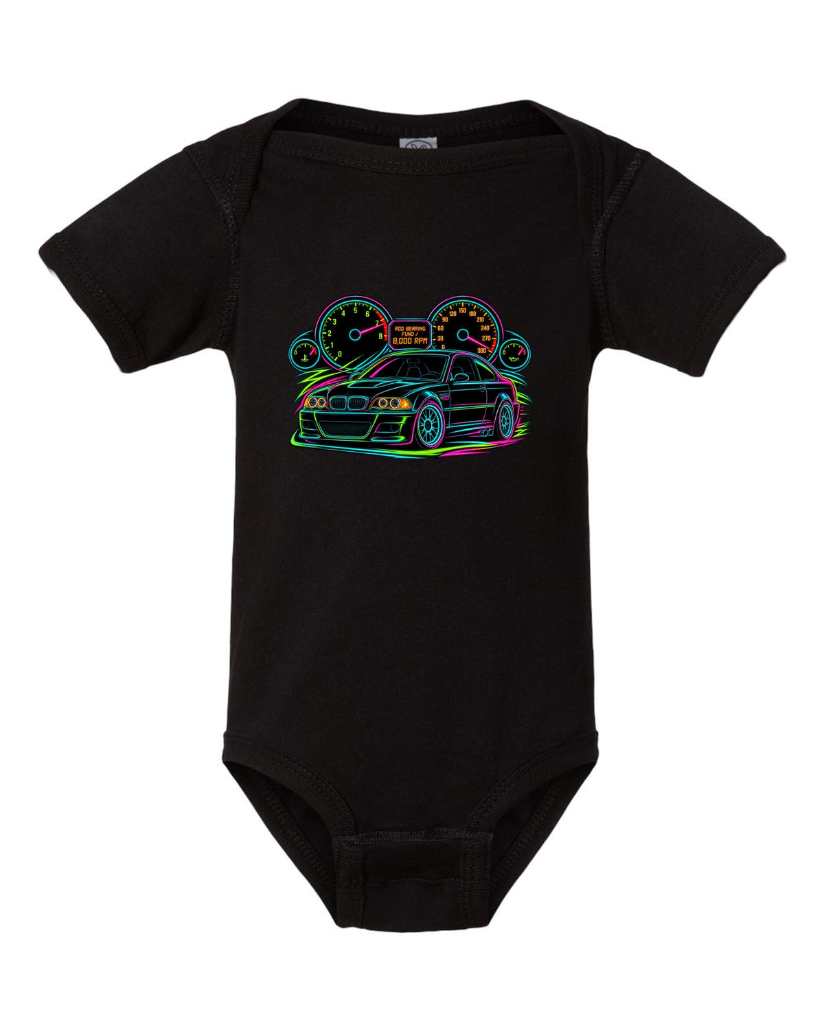 Neon line art redline gauge of a BMW E46 M3 coupe with 8,000 RPM and rod bearing fund text black baby onesie front view with the design