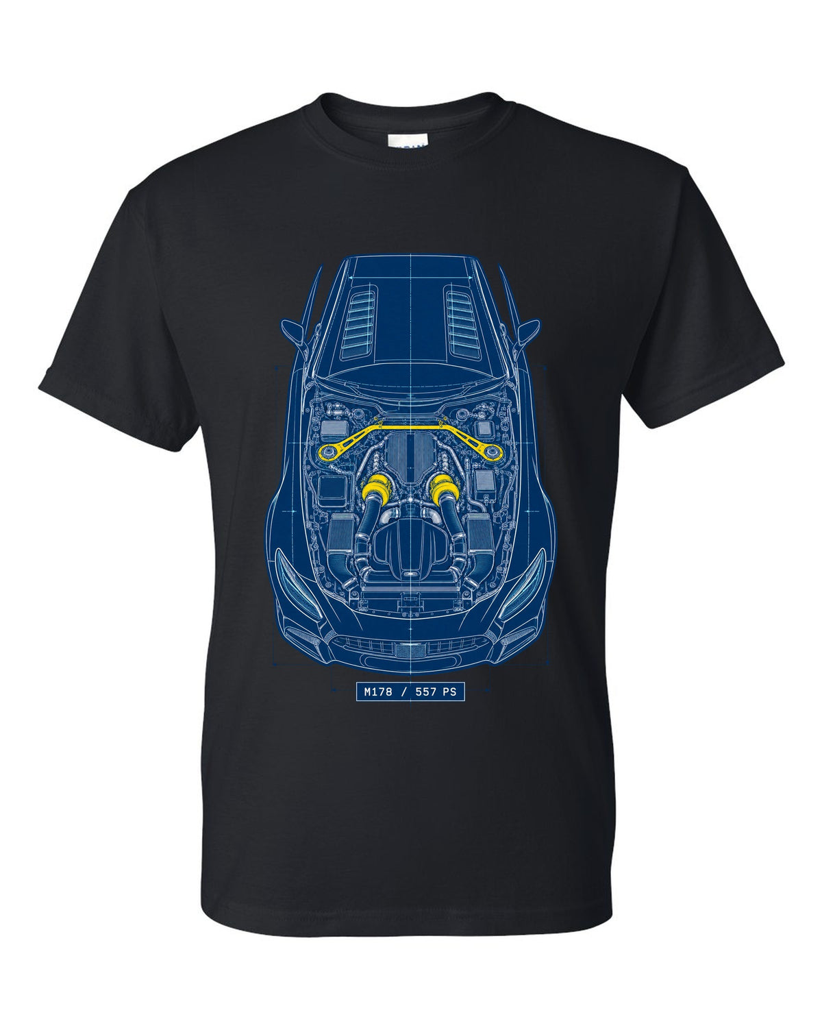 Neon synthwave illustration of Mercedes AMG GT R C190 tail lights with M178 4.0 Biturbo text black t-shirt front view with the design