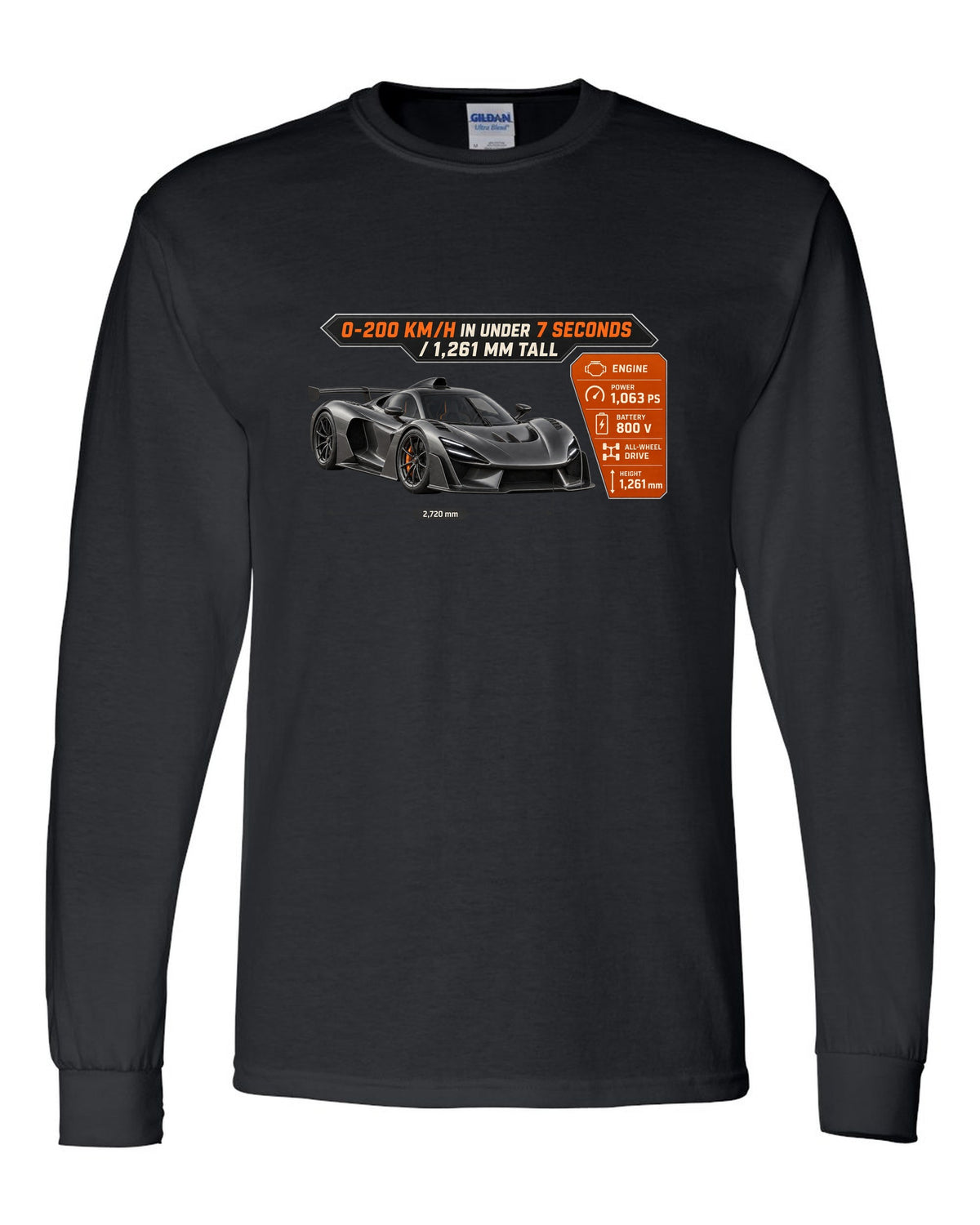 Mercedes-AMG One spec poster design with acceleration and height figures black long sleeve front view with the design