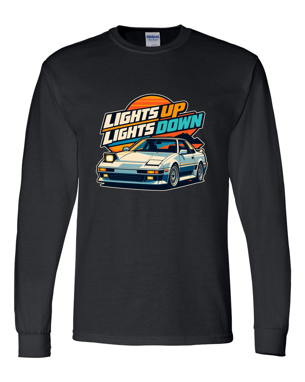 Pixel art of a Toyota AE86 Sprinter Trueno with pop-up headlights raised black long sleeve front view with the design