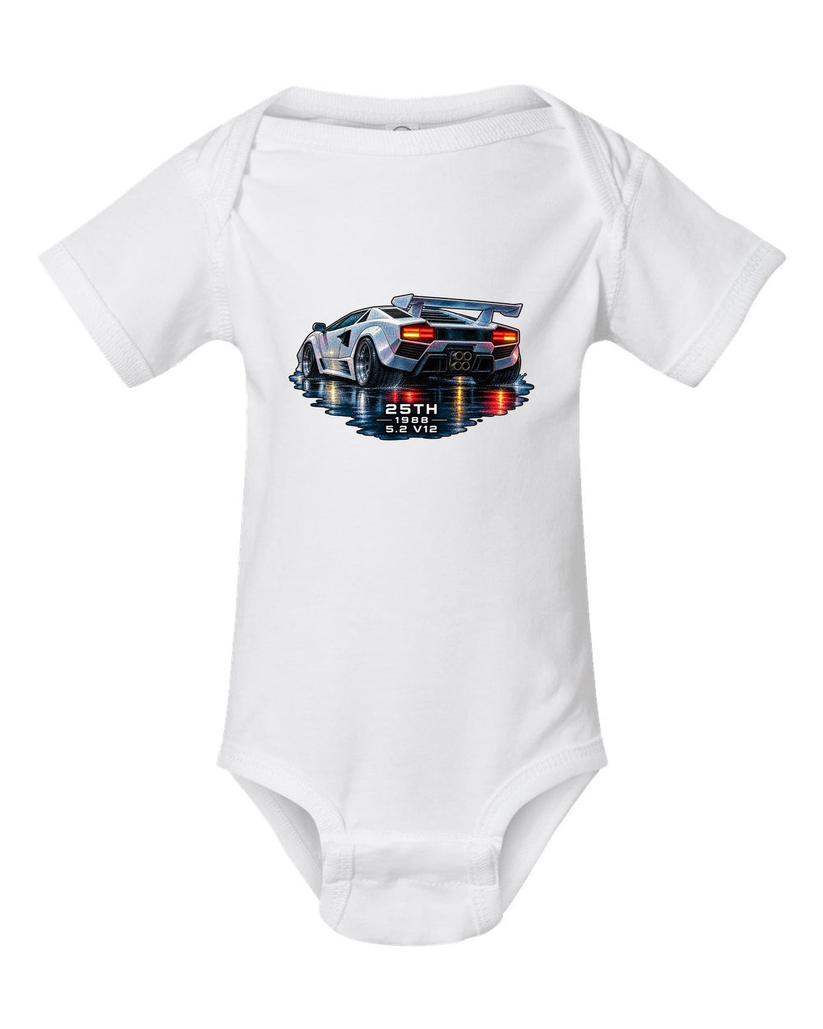 Watercolour wet-road night scene of a Lamborghini Countach 25th Anniversary with 25th 1988 5.2 V12 text white baby onesie front view with the design