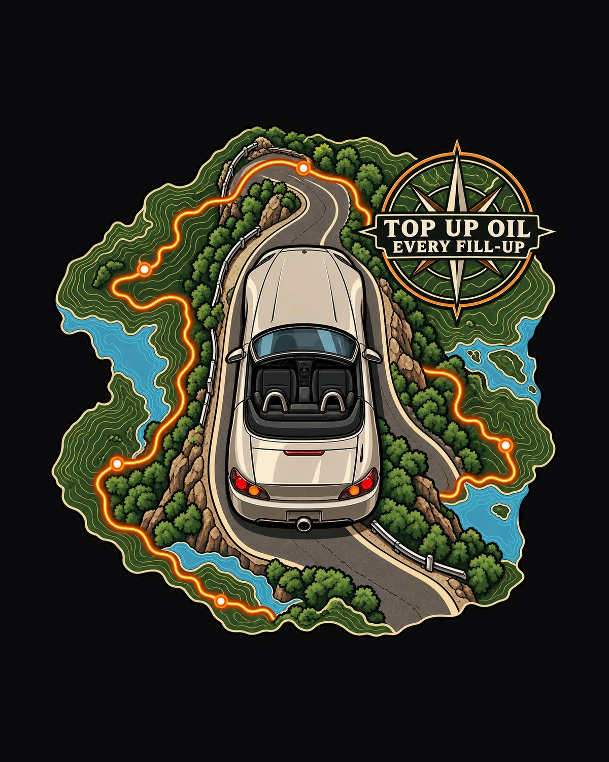 Honda S2000 AP1 Topographic Route Map Shirt, Top Up Oil Tee design only