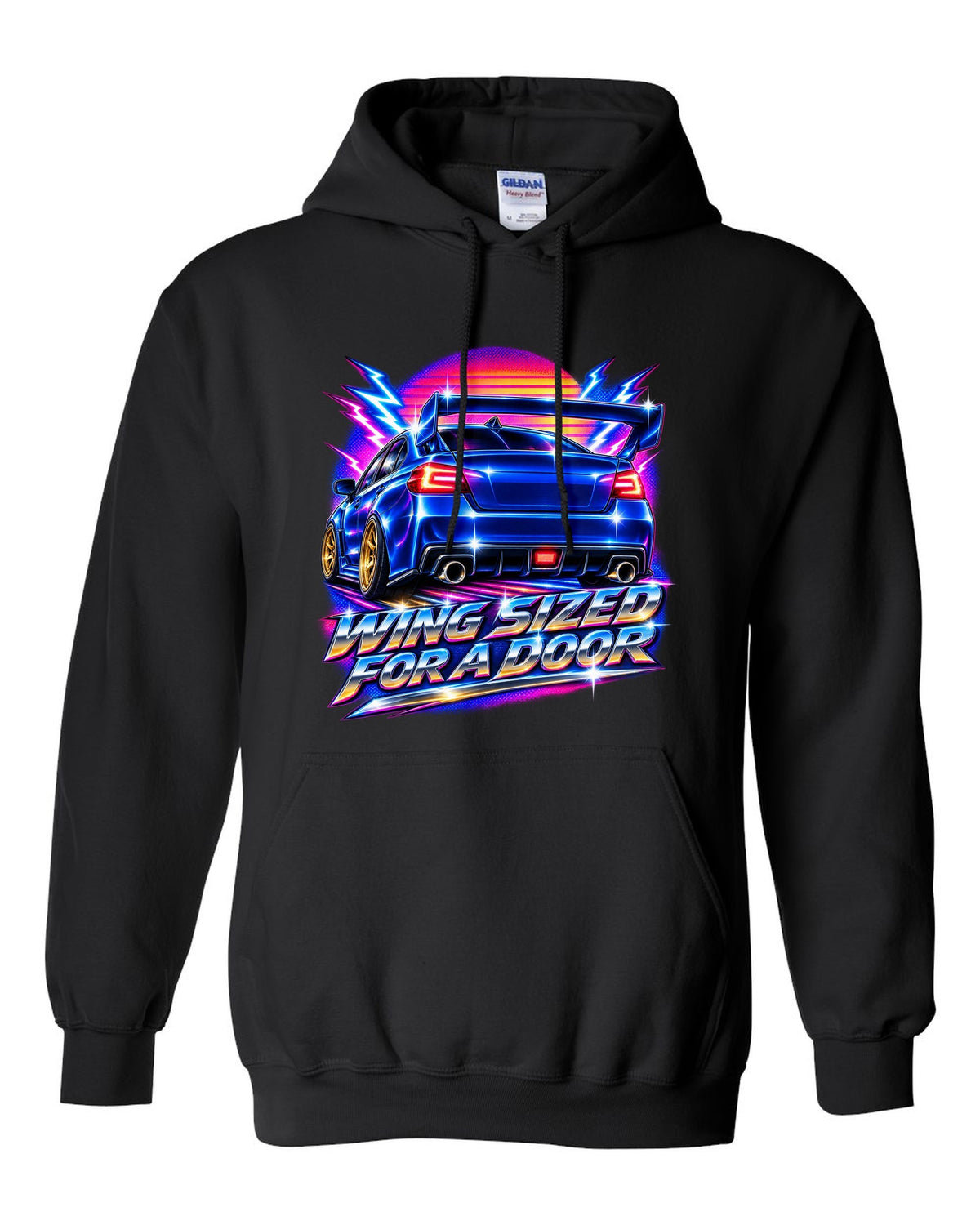 Subaru WRX STI VAB rear in 80s airbrush chrome, WING SIZED / FOR A DOOR black pull over hoodie front view with the design