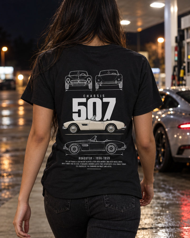 BMW 507 roadster Blueprint Full-Back Graphic Tee, 507 Chassis Code T-Shirt Black worn hero