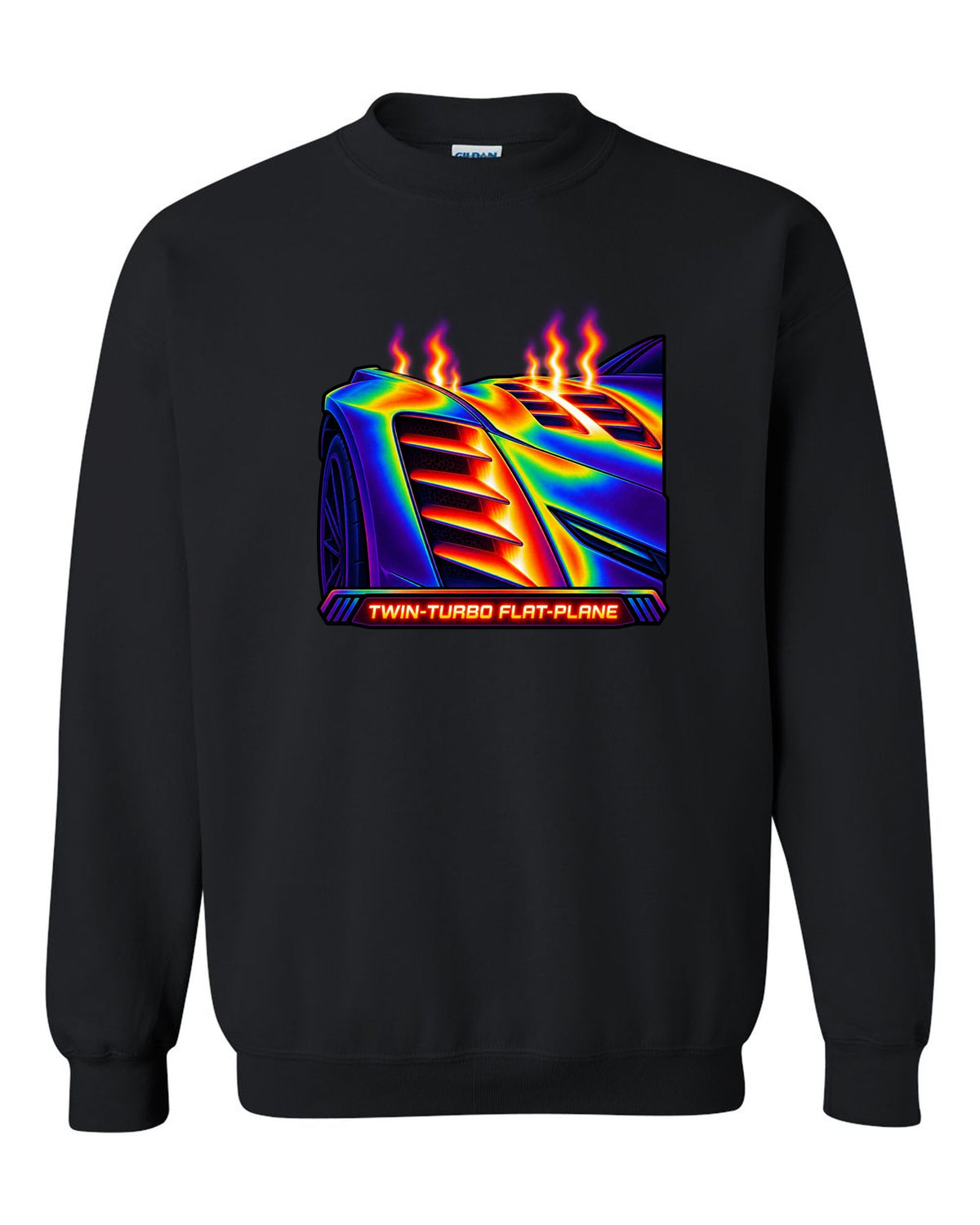 Infrared thermal gradient print of a fender vent on a 2025 Chevrolet Corvette C8 ZR1 with Twin-Turbo Flat-Plane text black crewneck front view with the design