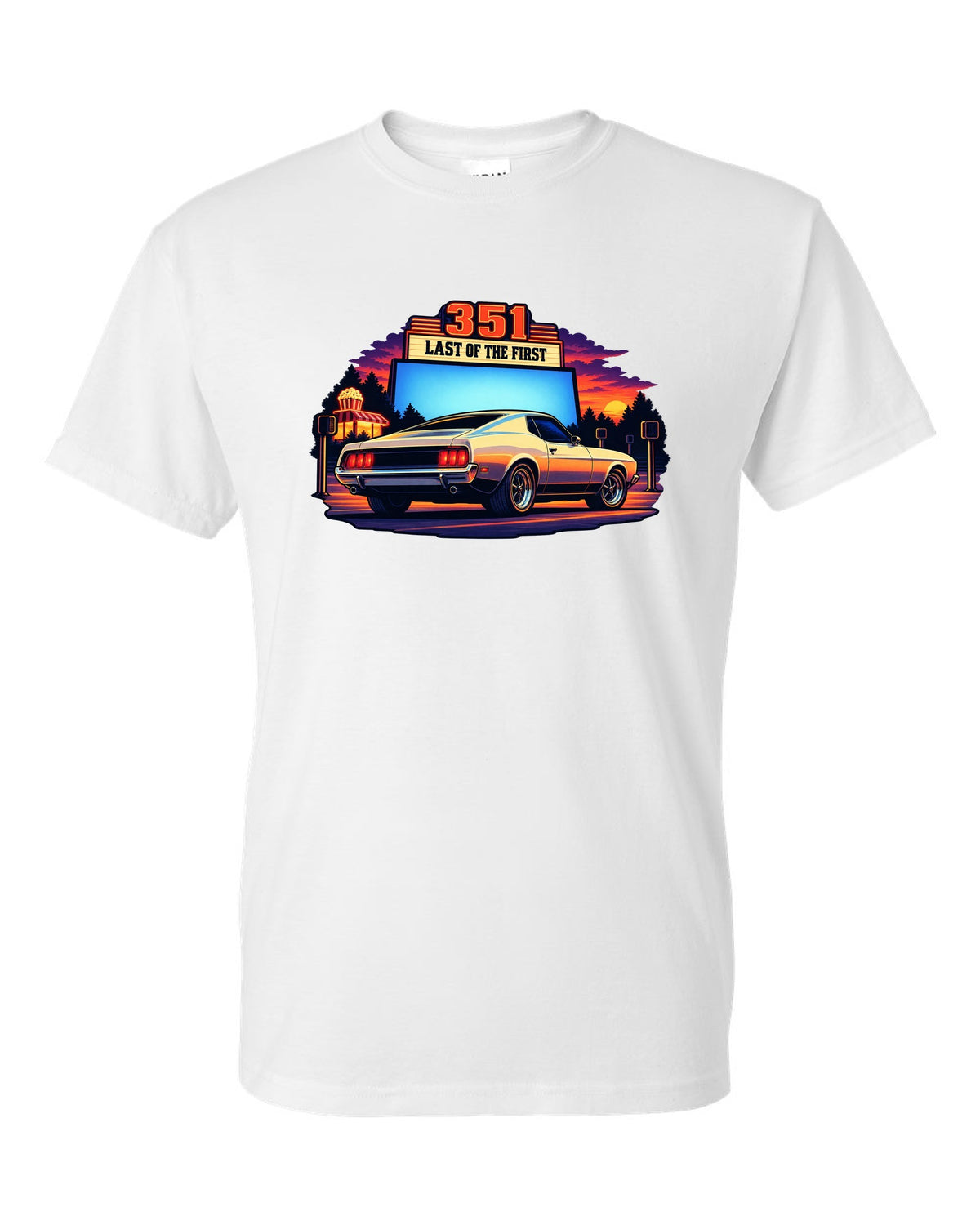 Cel-shaded anime print of a 1973 Ford Mustang fastback at a drive-in white t-shirt front view with the design