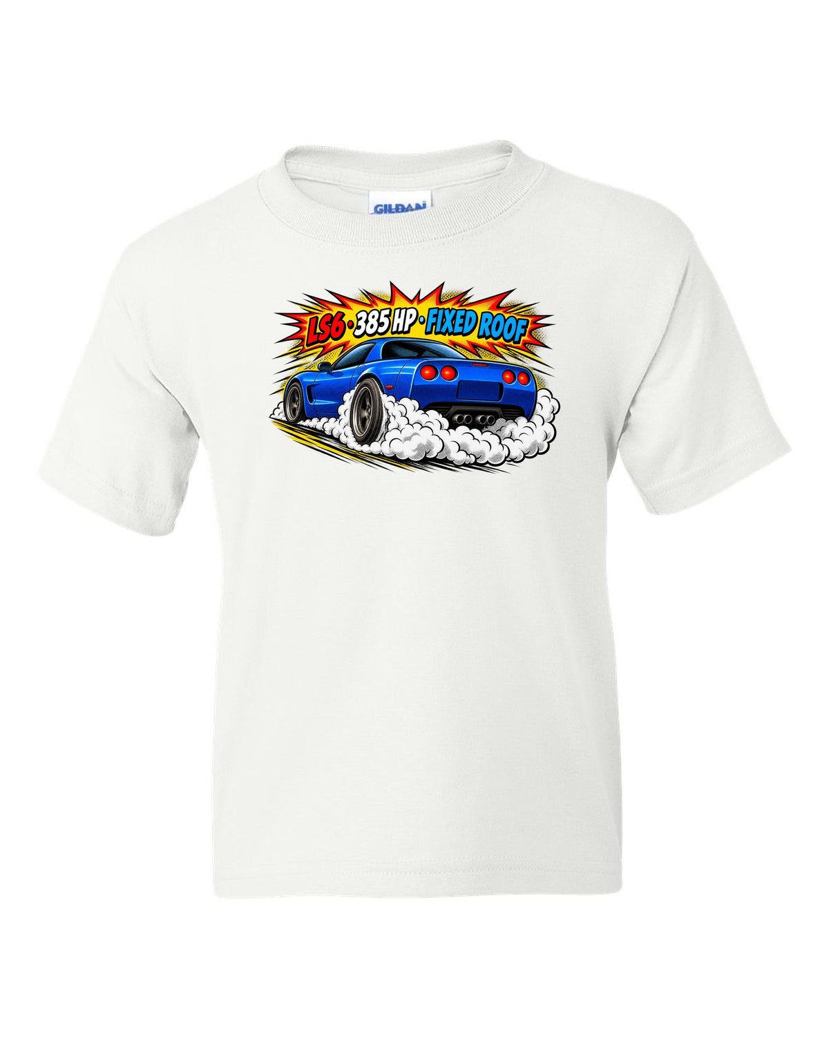 Comic halftone pop-art print of a 2001 Chevrolet Corvette C5 Z06 with LS6 385 HP Fixed Roof text white kids tee front view with the design