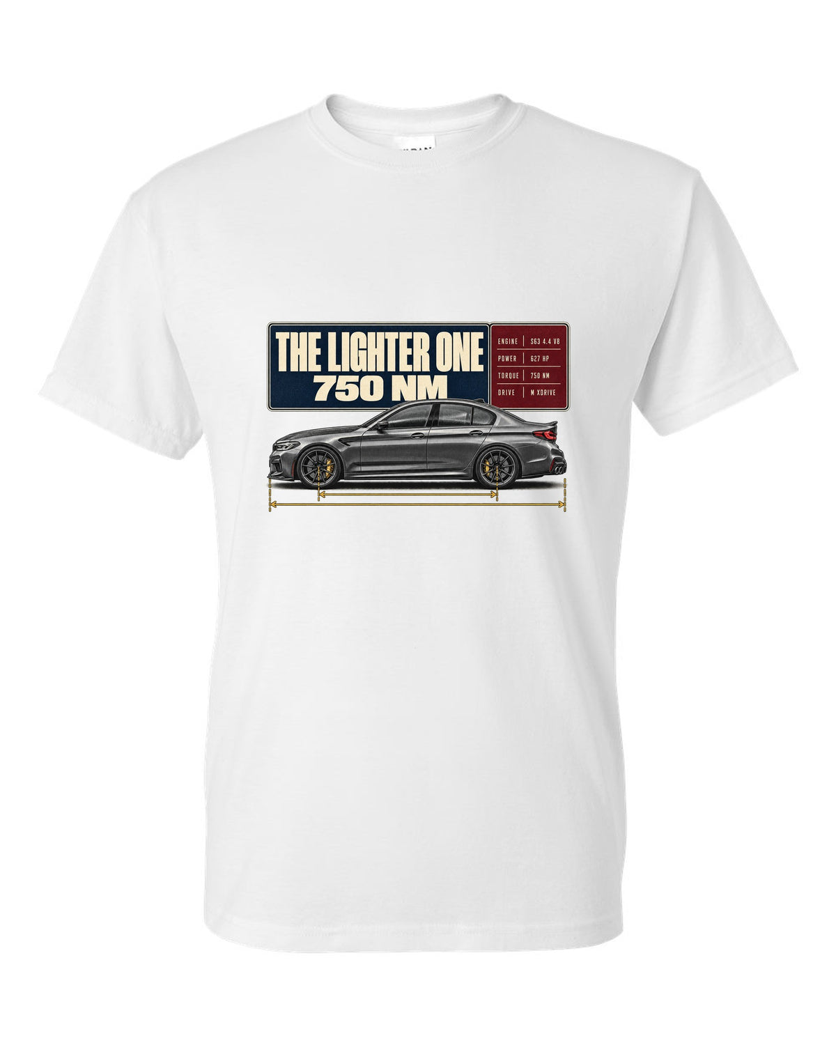 BMW M5 F90 CS spec poster print on a tee white t-shirt front view with the design