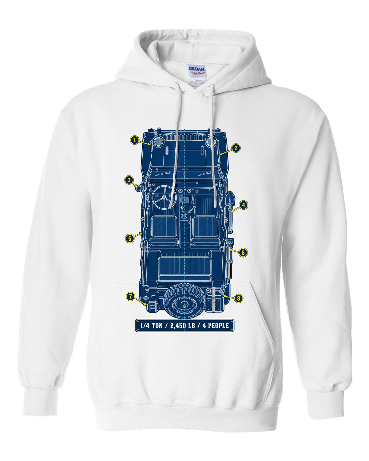 Cyanotype blueprint print of a Willys MB with field manual specs text white pull over hoodie front view with the design