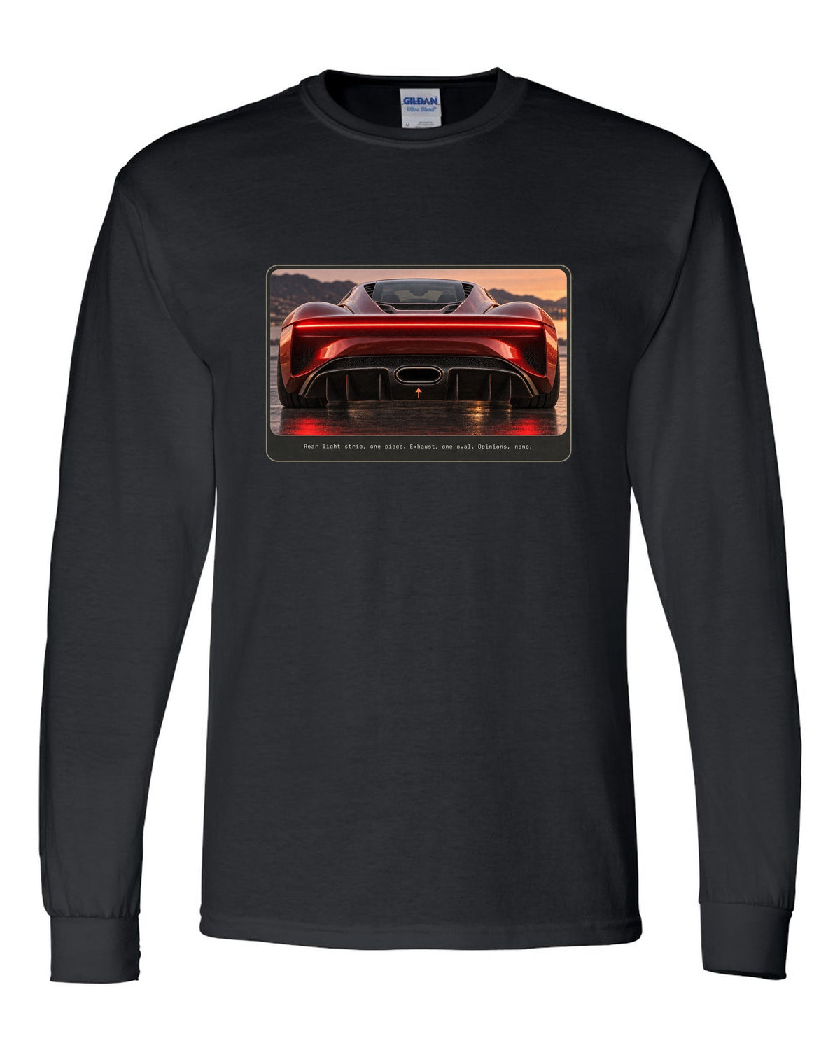 Bugatti Chiron rear light strip and oval exhaust macro print black long sleeve front view with the design