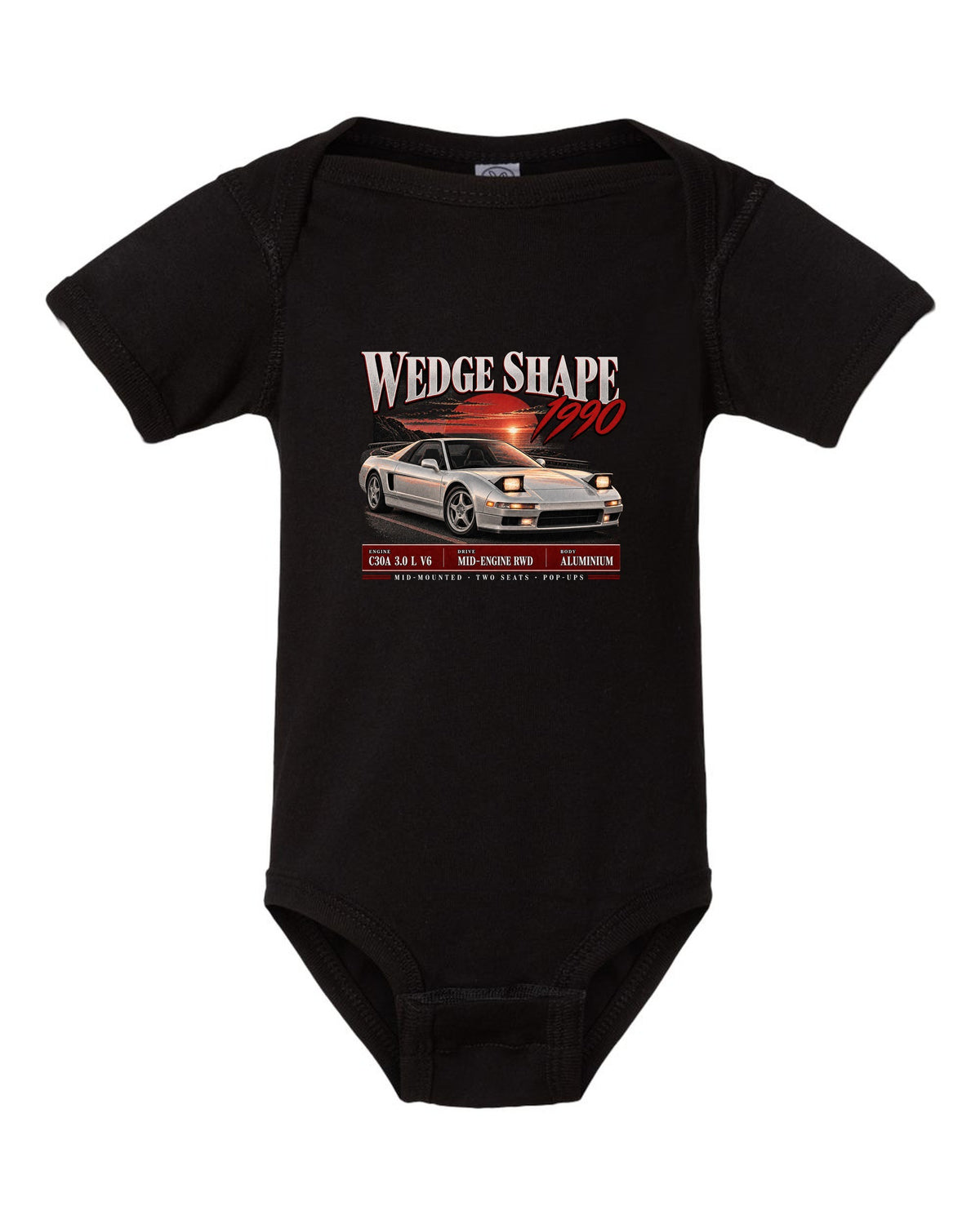 Honda NSX NA1 archive panel design with wedge shape 1990 text black baby onesie front view with the design