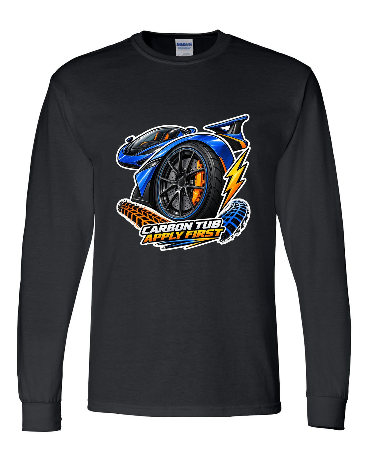 Sticker-bomb collage print for the 2017-2022 Ford GT with carbon tub text black long sleeve front view with the design