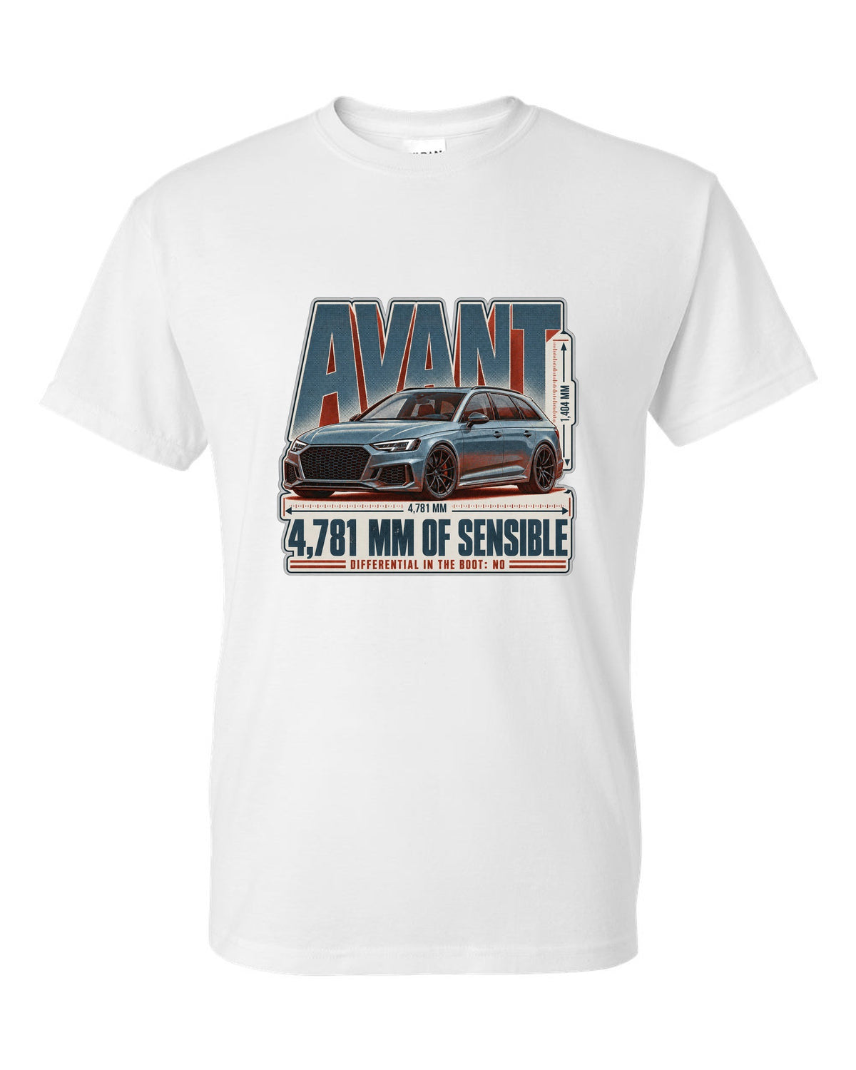 Audi RS4 Avant B9 halftone statement print with wagon text white t-shirt front view with the design