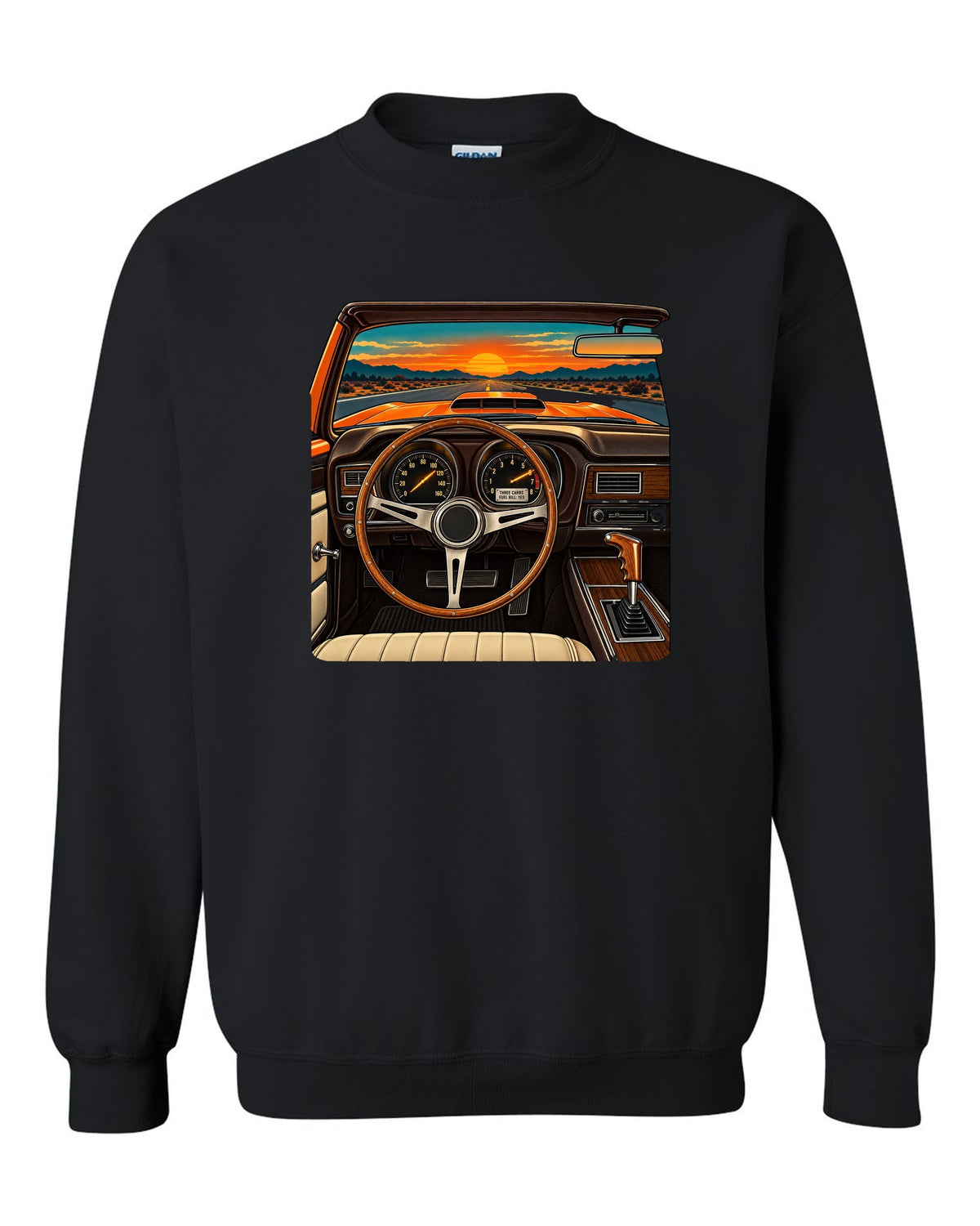 Retro dashboard illustration of a 1971 Dodge Charger Super Bee with six pack carb caption black crewneck front view with the design