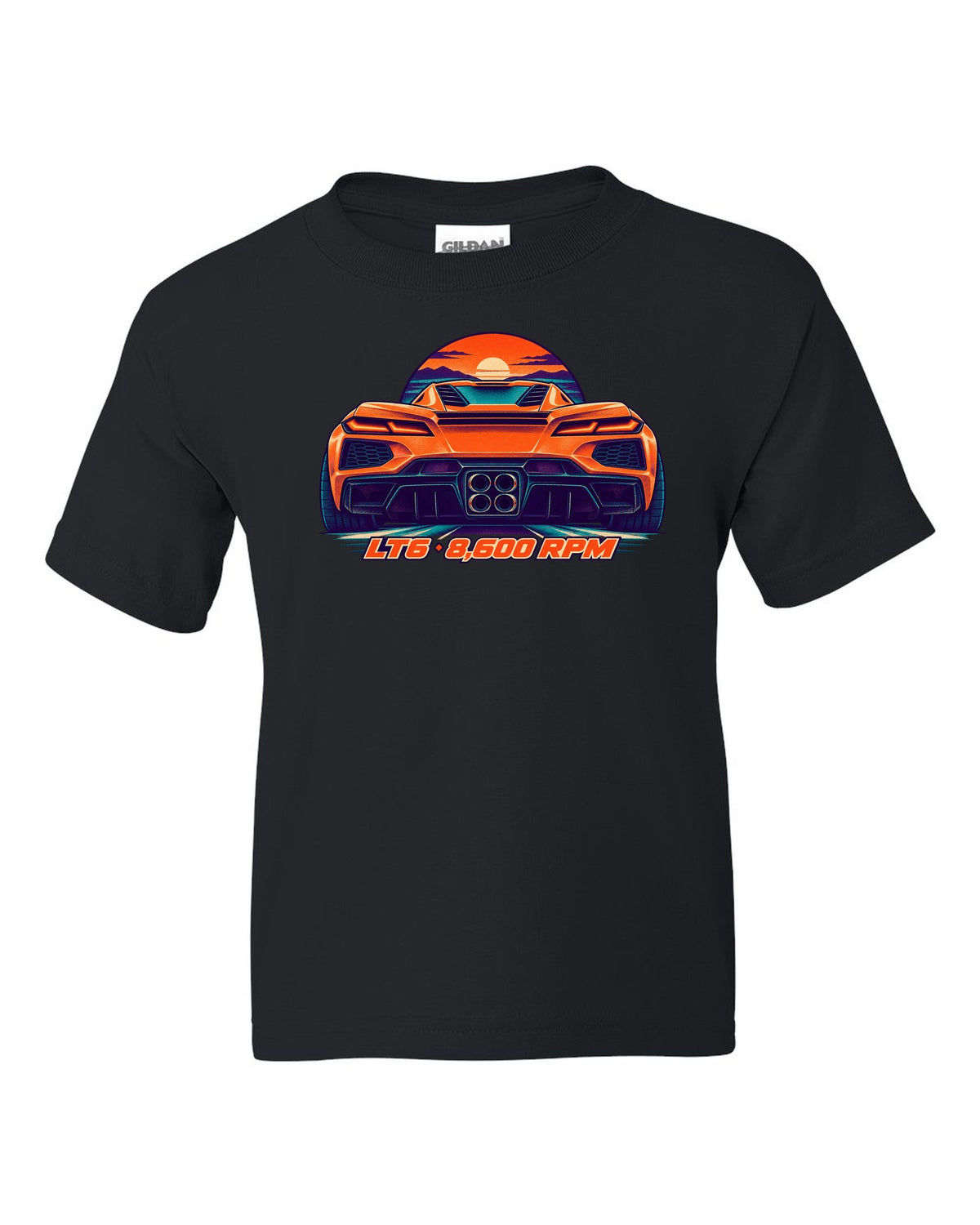Risograph-style print of a Chevrolet Corvette C8 Z06 with quad exhaust tips and LT6 8,600 RPM lettering black kids tee front view with the design