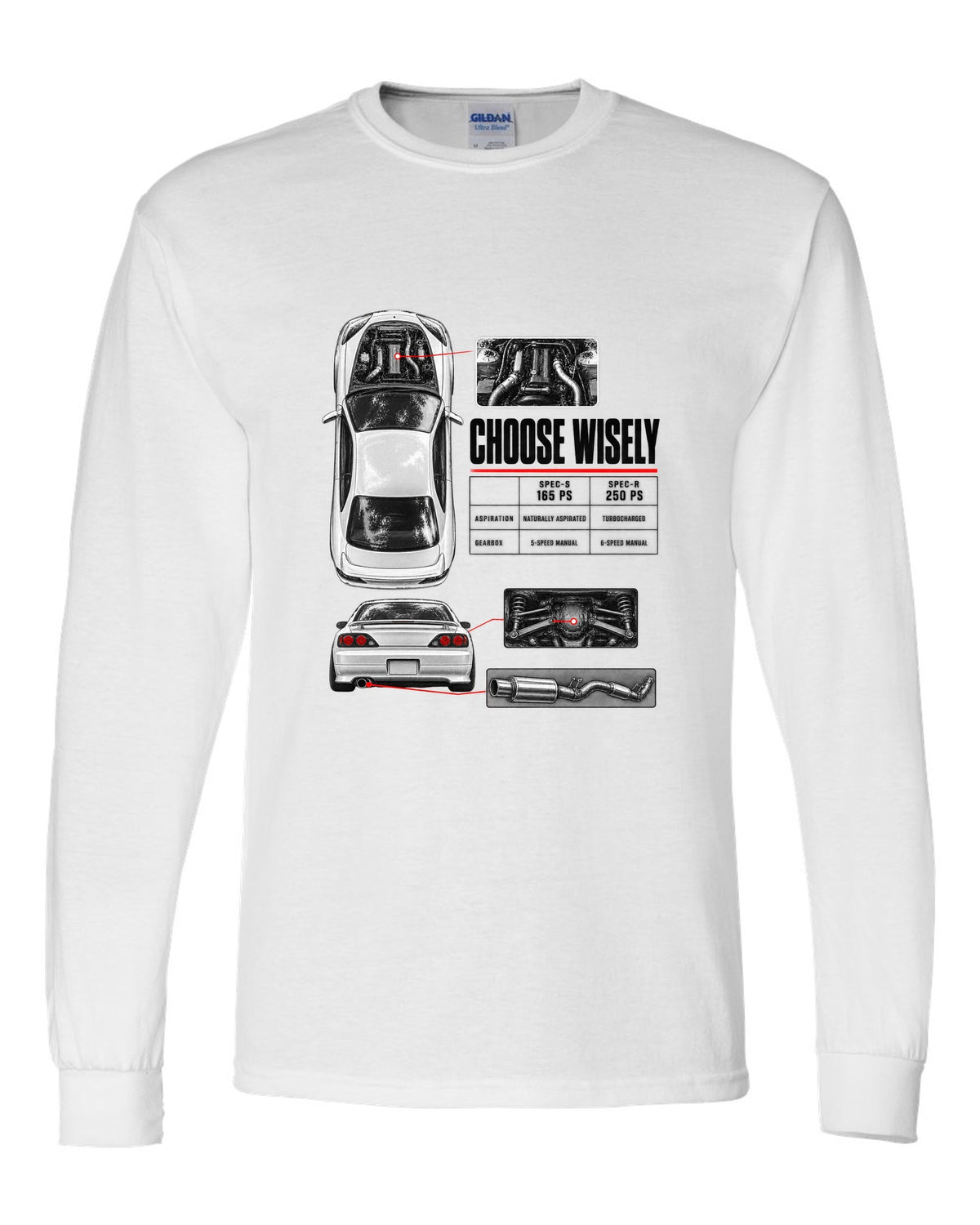 Spec poster of a Nissan Silvia S15 comparing Spec-S 165 PS and Spec-R 250 PS with Choose Wisely lettering white long sleeve front view with the design