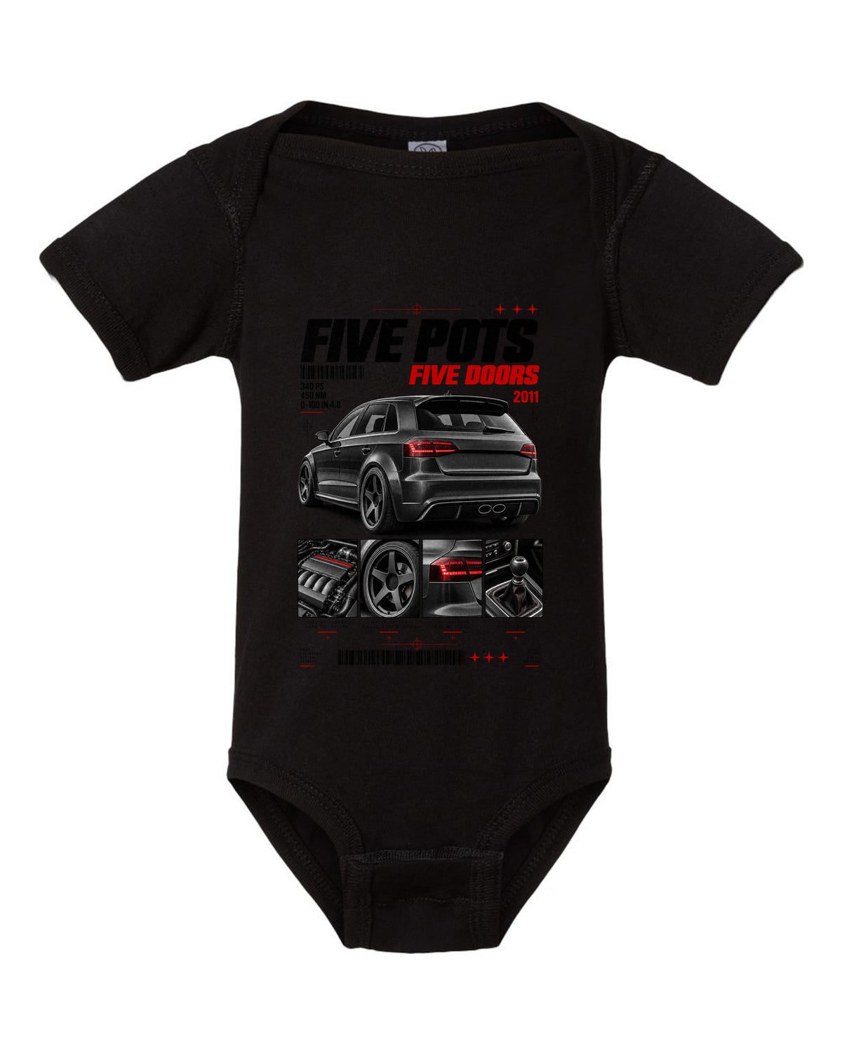 Audi RS3 Sportback 8P rear three-quarter in dossier panels with five pots text black baby onesie front view with the design