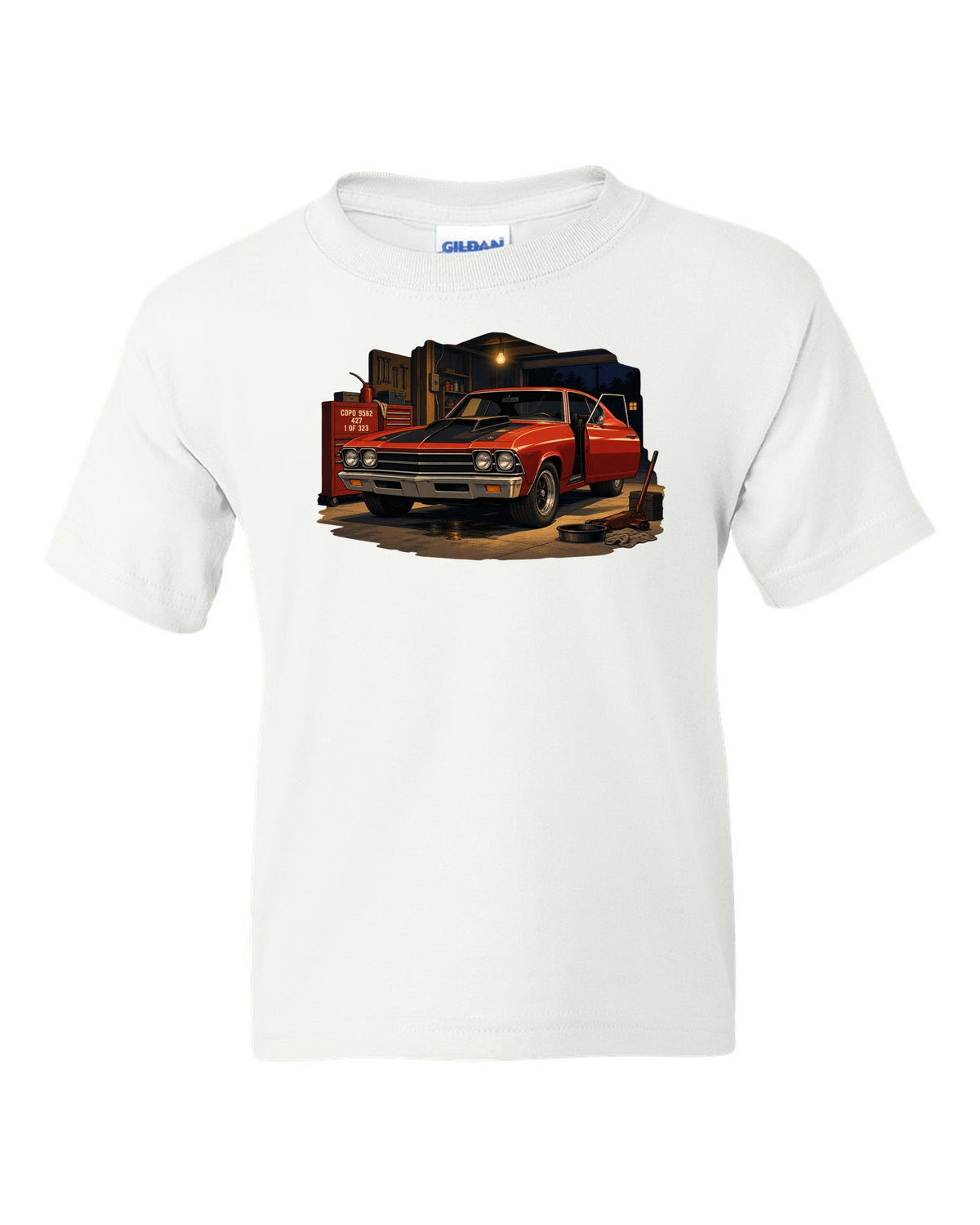 Cel-shaded anime print of a 1969 Chevelle COPO in a night garage with the text COPO 9562, 427, 1 of 323 white kids tee front view with the design