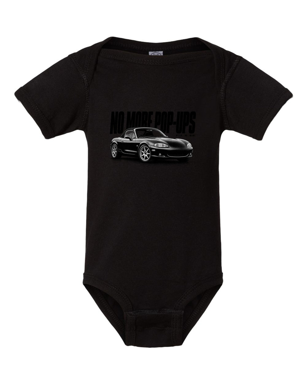 Halftone print for the Mazda MX-5 NB2 2001-05 reading no more pop-ups with BP-Z3 1.8L detail black baby onesie front view with the design