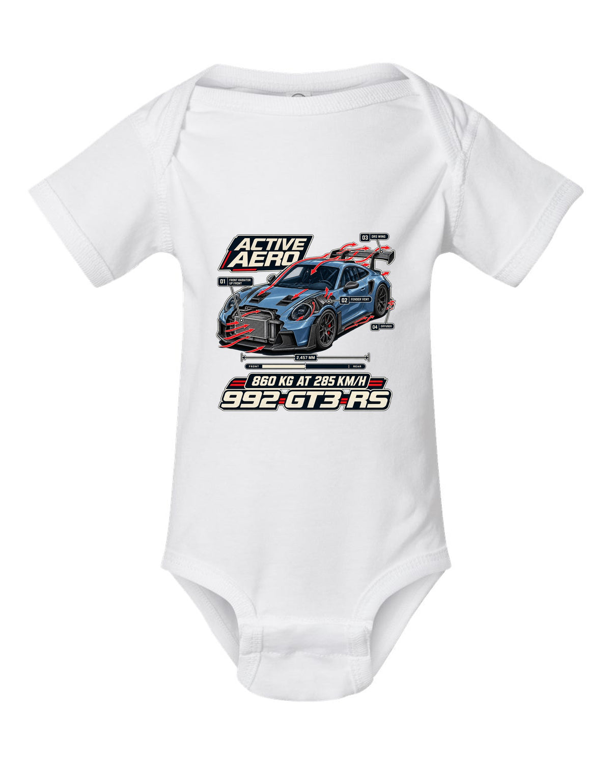 Porsche 992 GT3 RS aero and cutaway callouts print design white baby onesie front view with the design