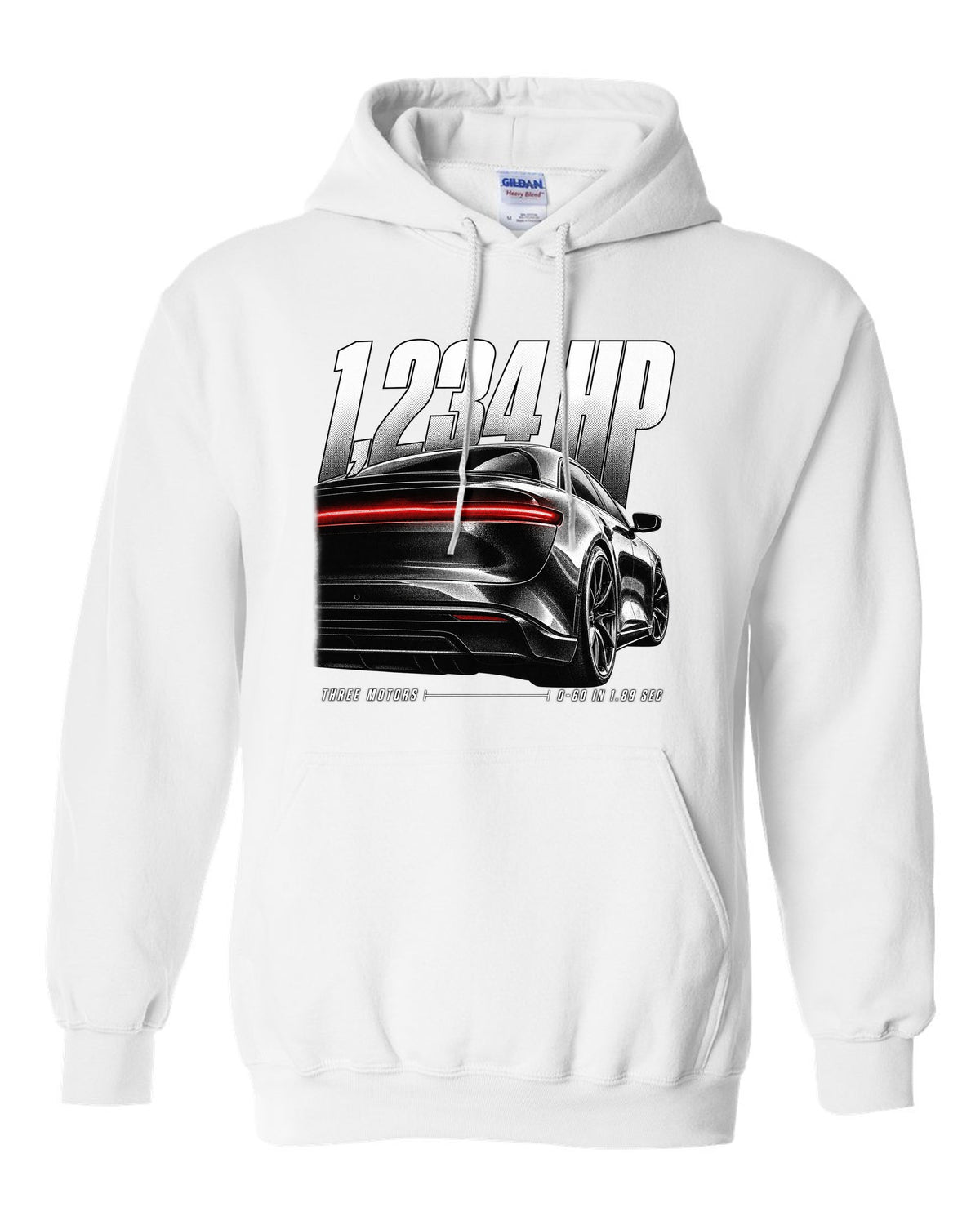 Rear detail macro of Lucid Air Sapphire 2023 with light slit and performance figures white pull over hoodie front view with the design