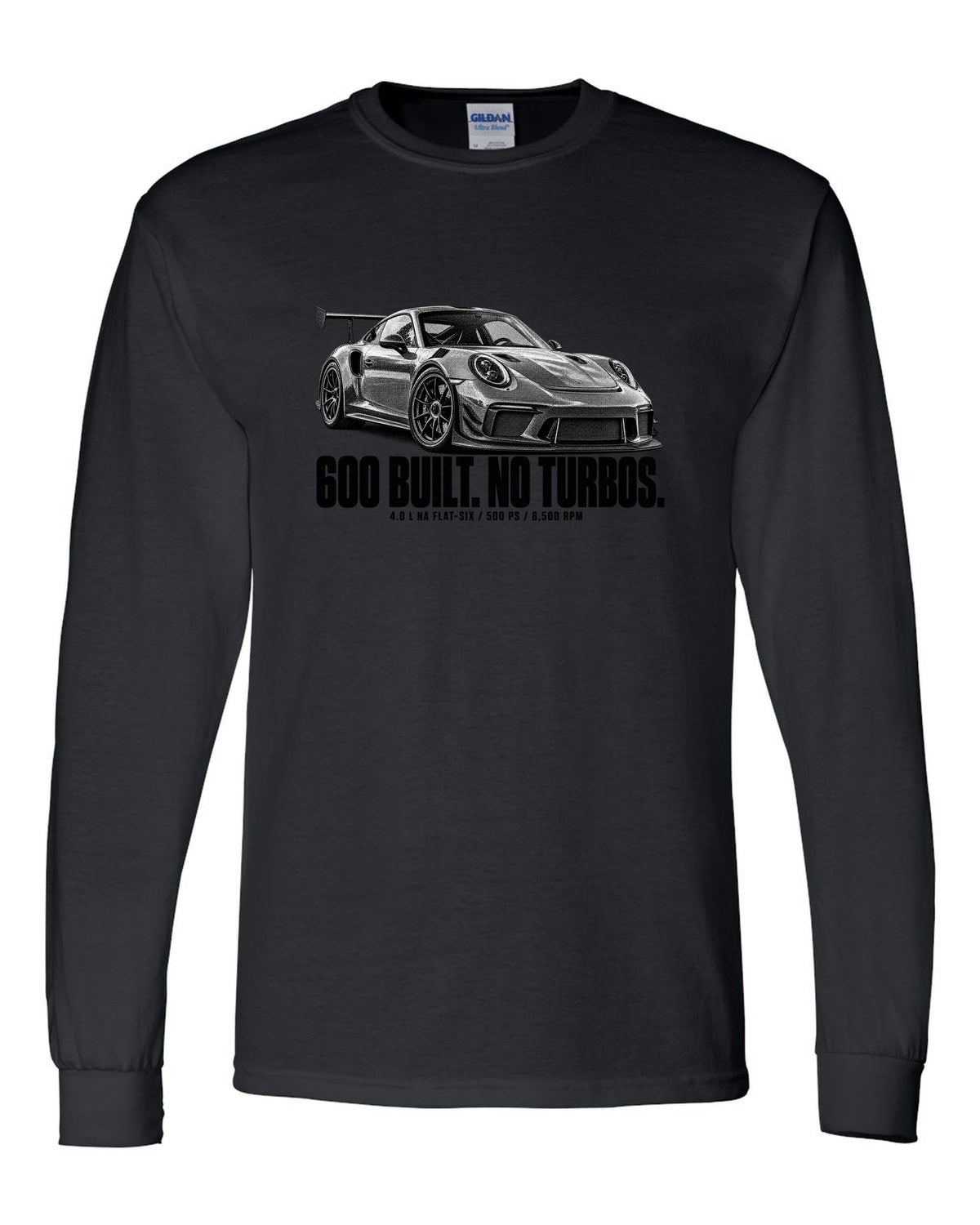 Halftone print of a Porsche 911 997 GT3 RS 4.0 with 600 built and 8,500 rpm lettering black long sleeve front view with the design