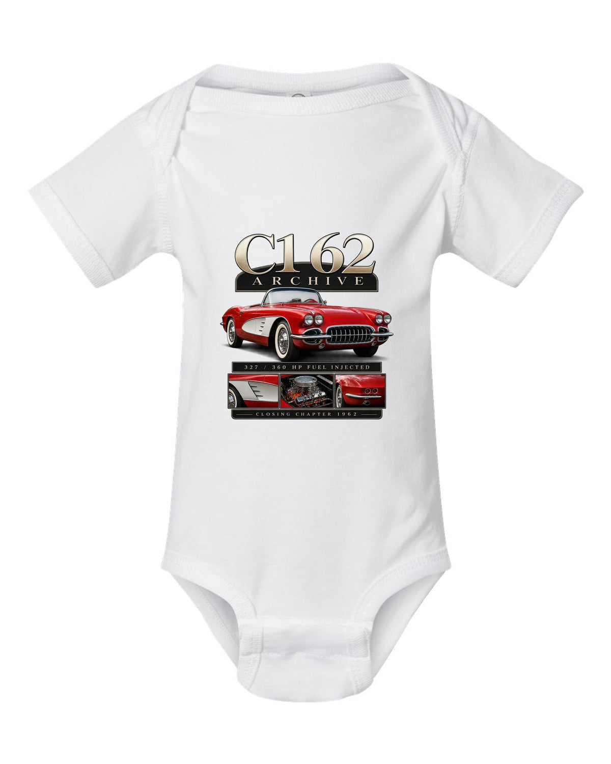 Corvette C1 1962 solid-axle roadster archive panel white baby onesie front view with the design