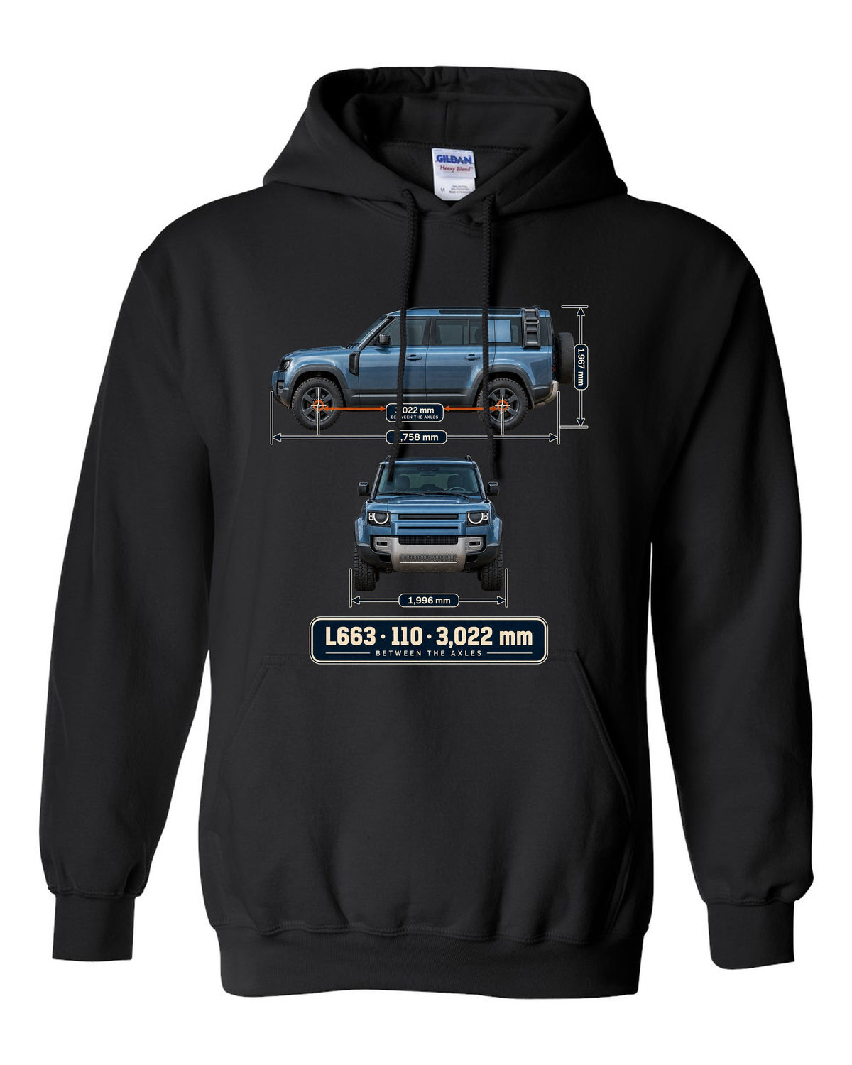 Dimension blueprint print of the Land Rover Defender 110 L663 with wheelbase black pull over hoodie front view with the design