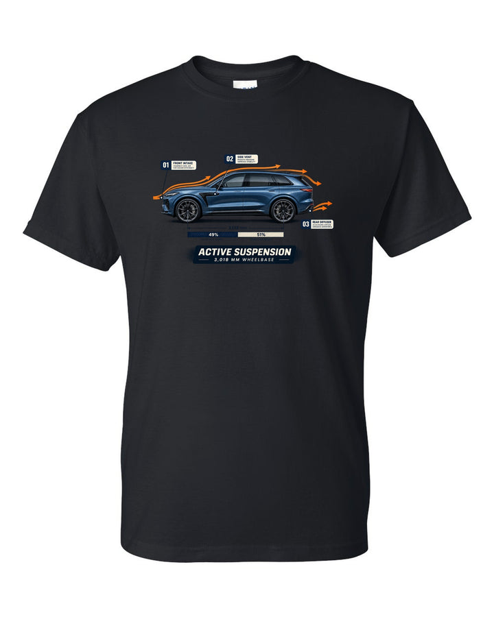 Aero cutaway callout print of the Ferrari Purosangue on a tee black t-shirt front view with the design